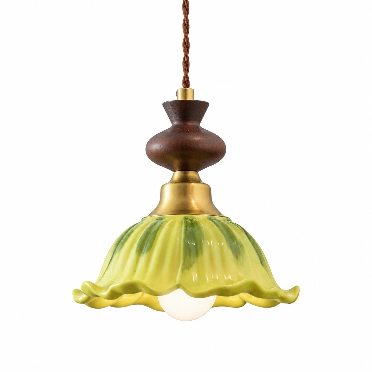 Vintage green ceramic and solid-wood pendant on white