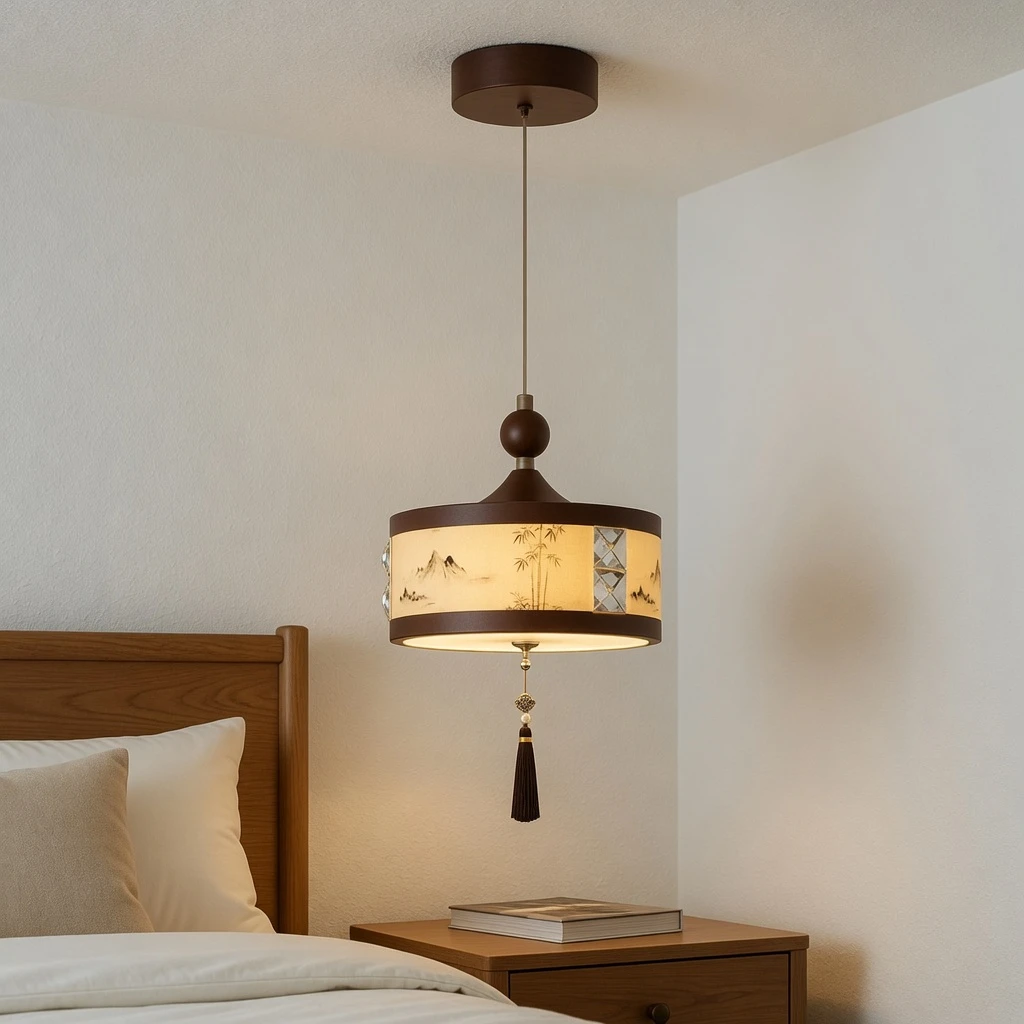 Cream-yellow mini pendant over a nightstand, canopy flush to the ceiling