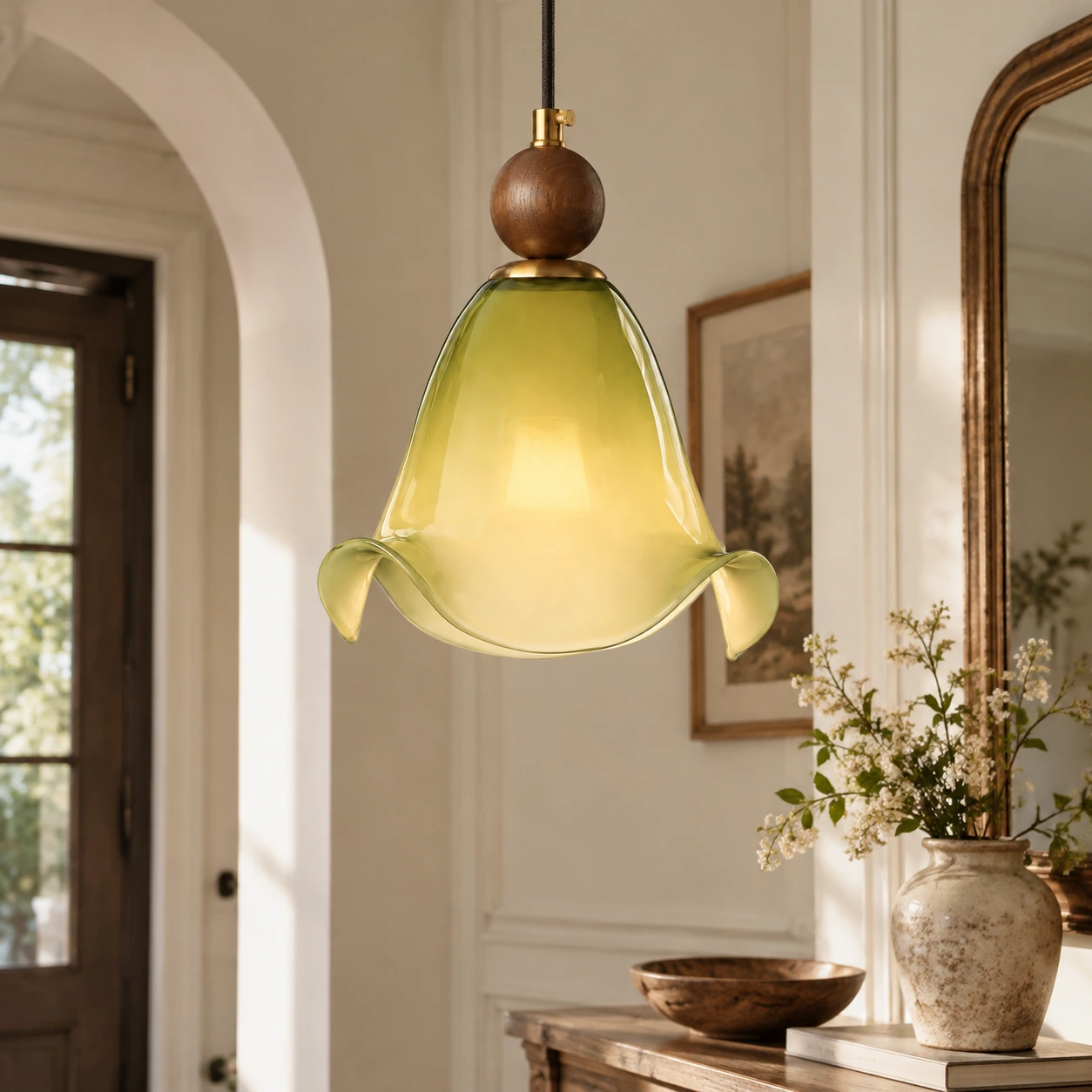 Finn Vintage Floral Walnut Wood and Metal Pendant Light - generated image 7