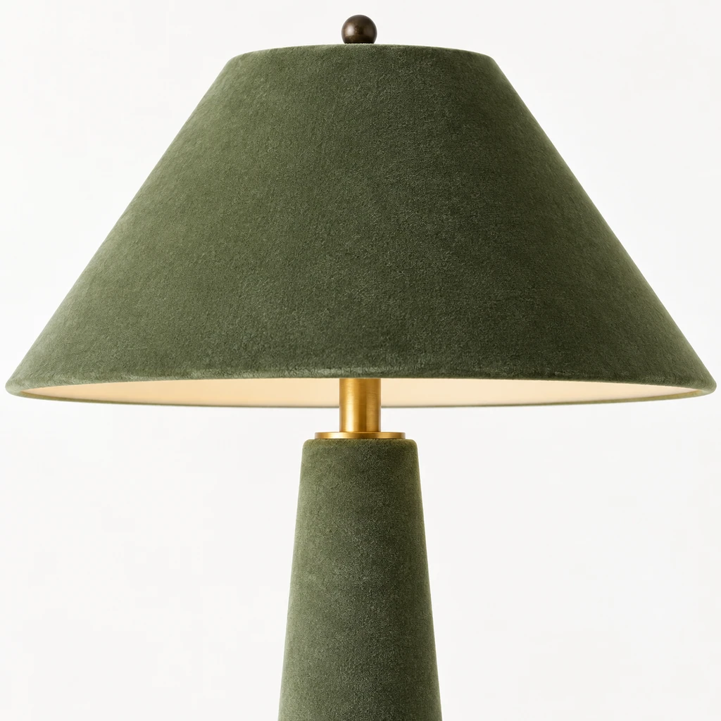Close detail of the velvet shade, brass-tone neck and top finial