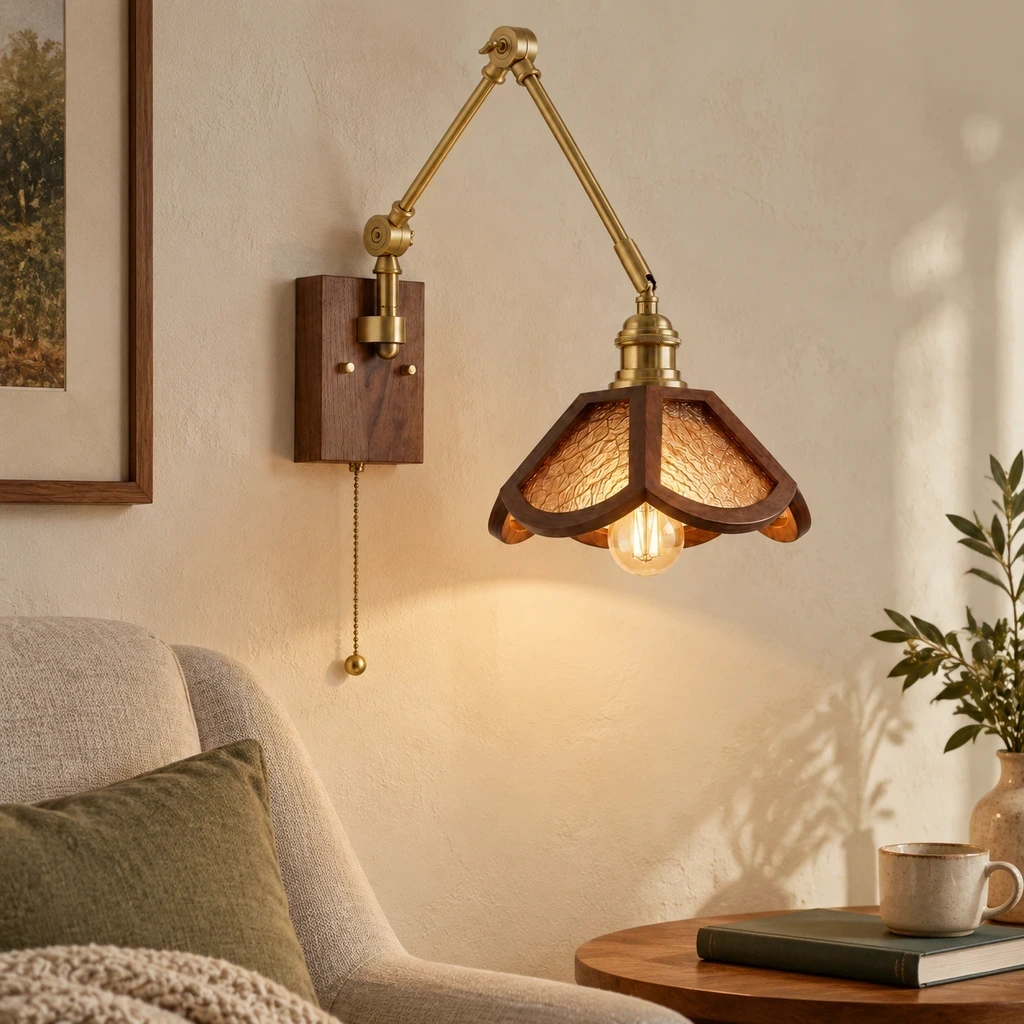 Wushlp Vintage Adjustable Ash-Wood and Copper Wall Light on a living-room accent wall