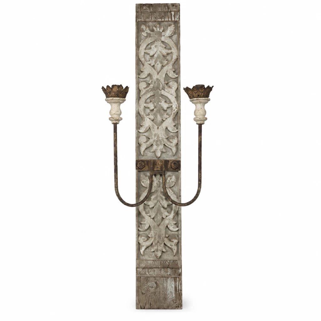 Marielle carved fir wood two-light wall sconce on white