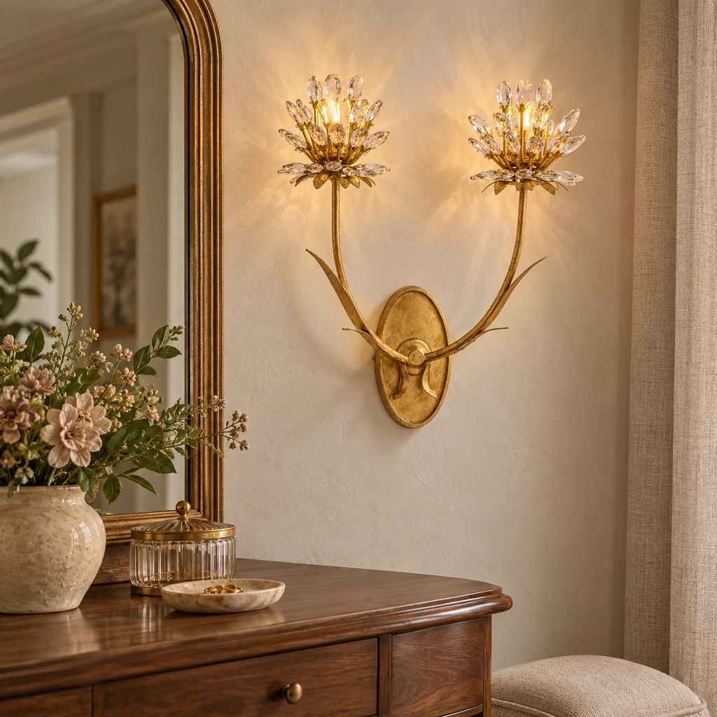 Aria crystal flower wall light beside a dressing console