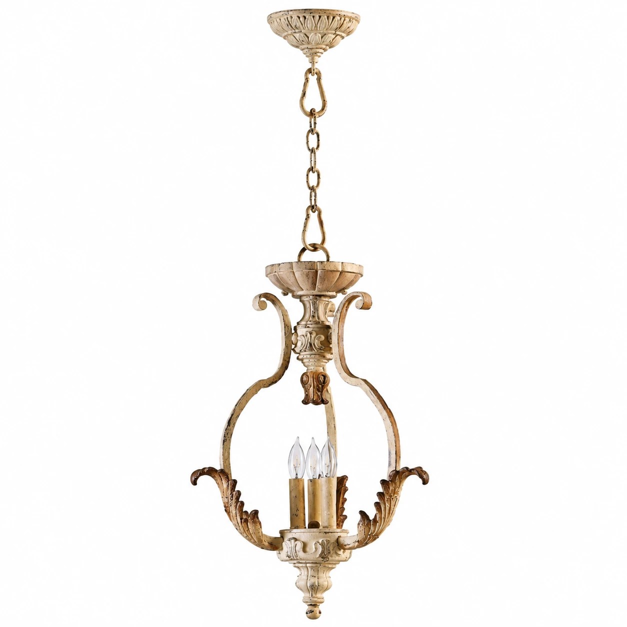 Evelyn vintage carved wood three-light pendant on white