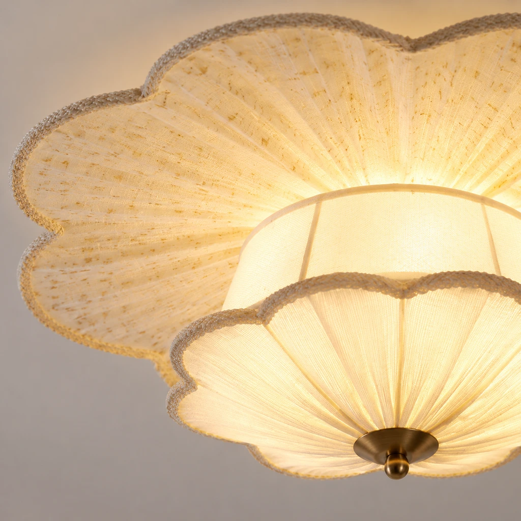 Close detail of the pleated floral fabric canopy