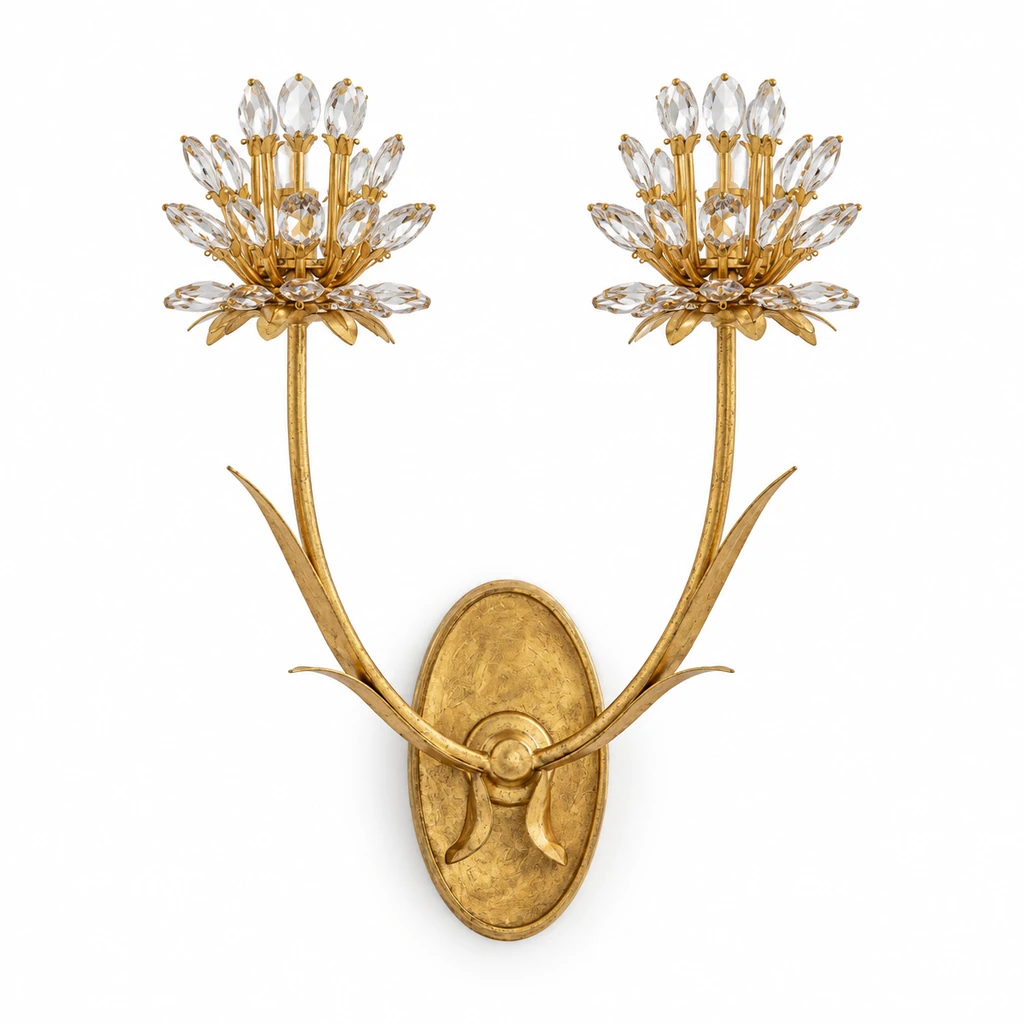 Aria gold-leaf crystal flower wall light on white