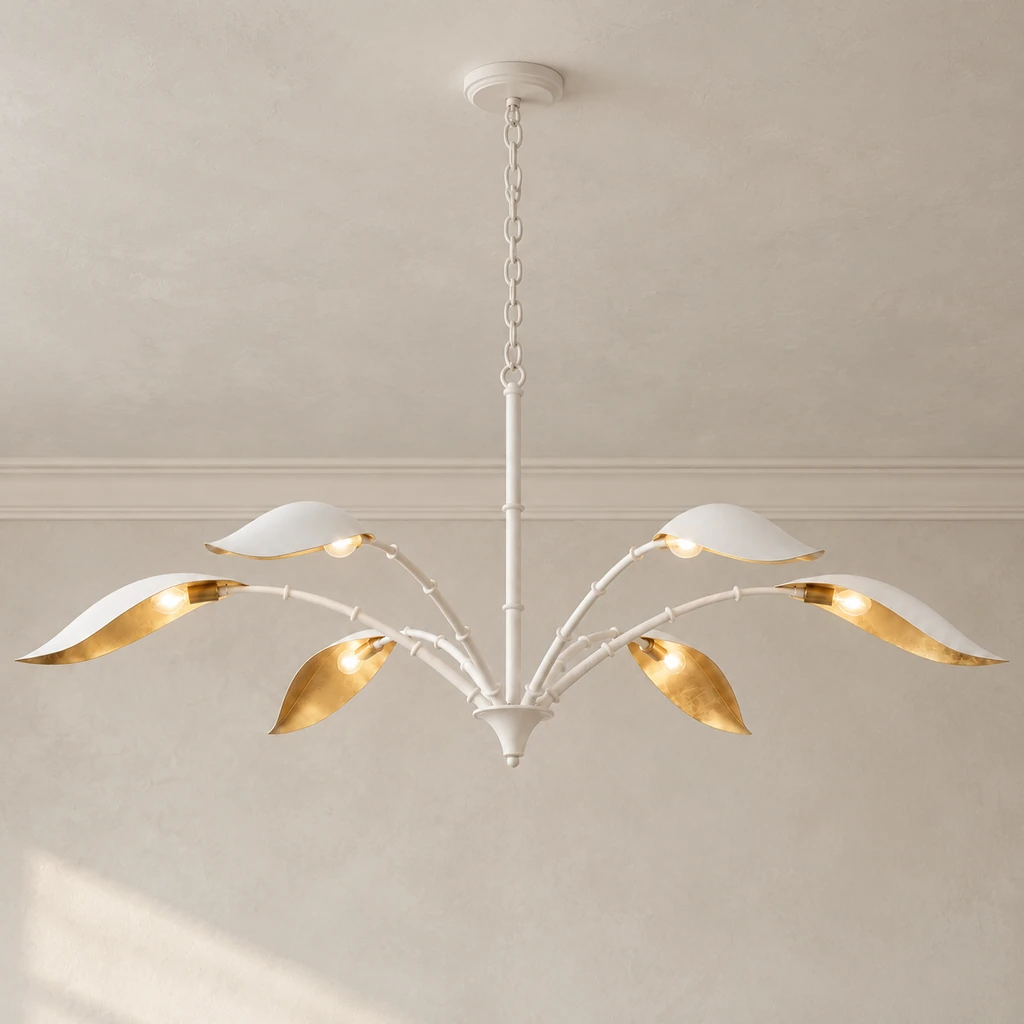 Elowen white and gold botanical chandelier illuminated against warm-gray plaster