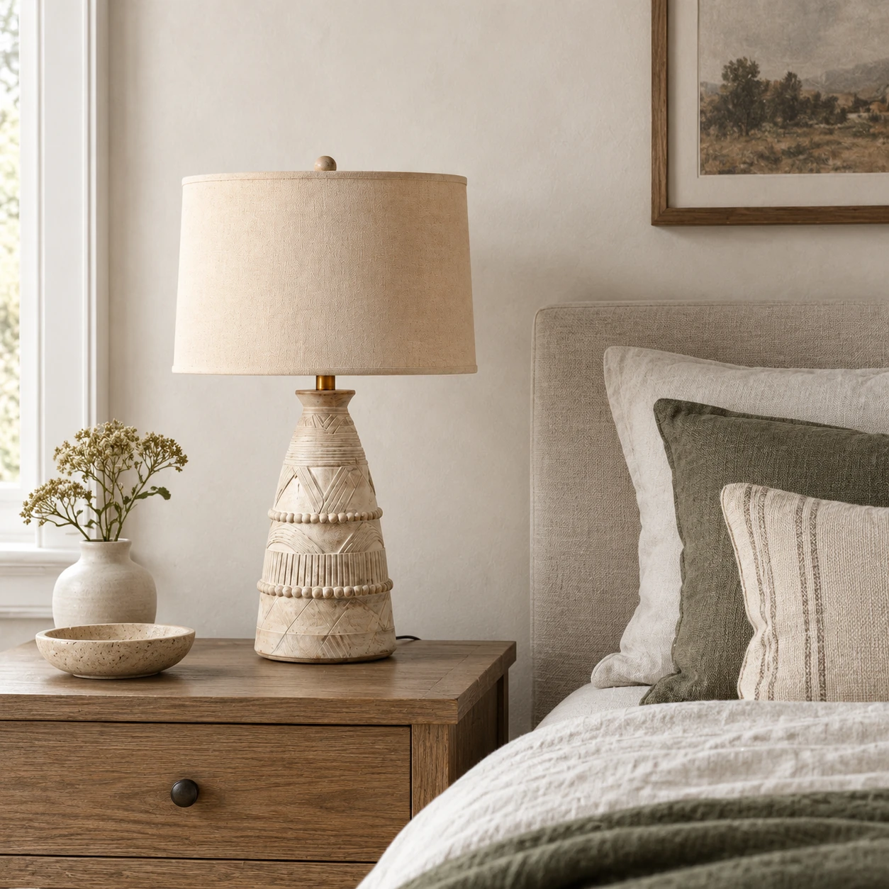 Camille Rustic Carved Wood Table Lamp in a residential interior