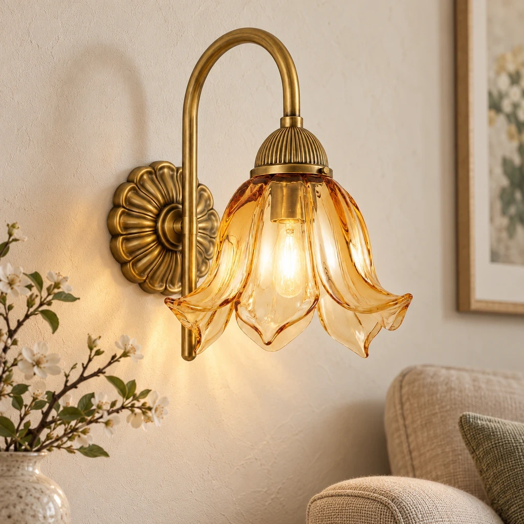 Wushlp Vintage Amber-Petal Glass Wall Light on a living-room accent wall