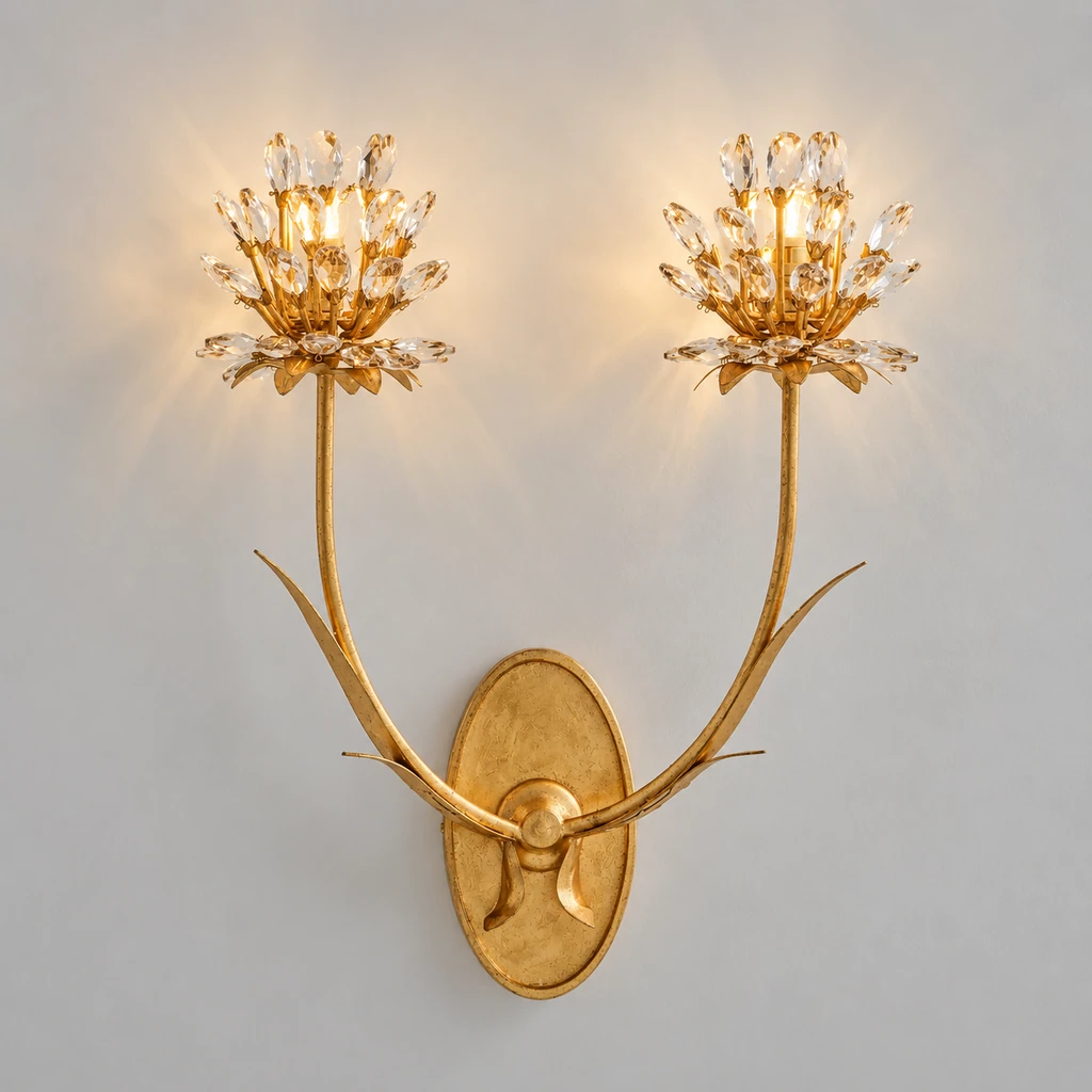 Aria crystal flower wall light illuminated in a neutral studio