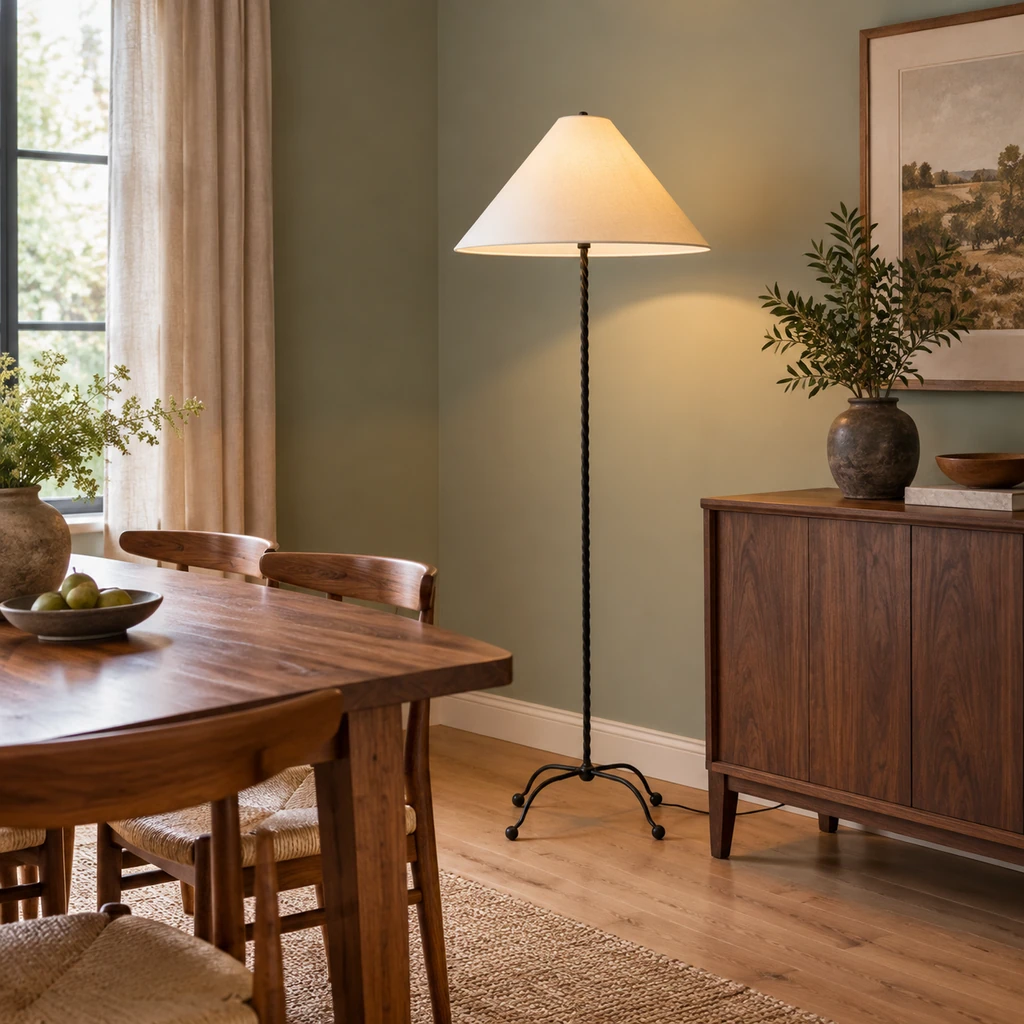 Sage floor lamp beside a dining setting