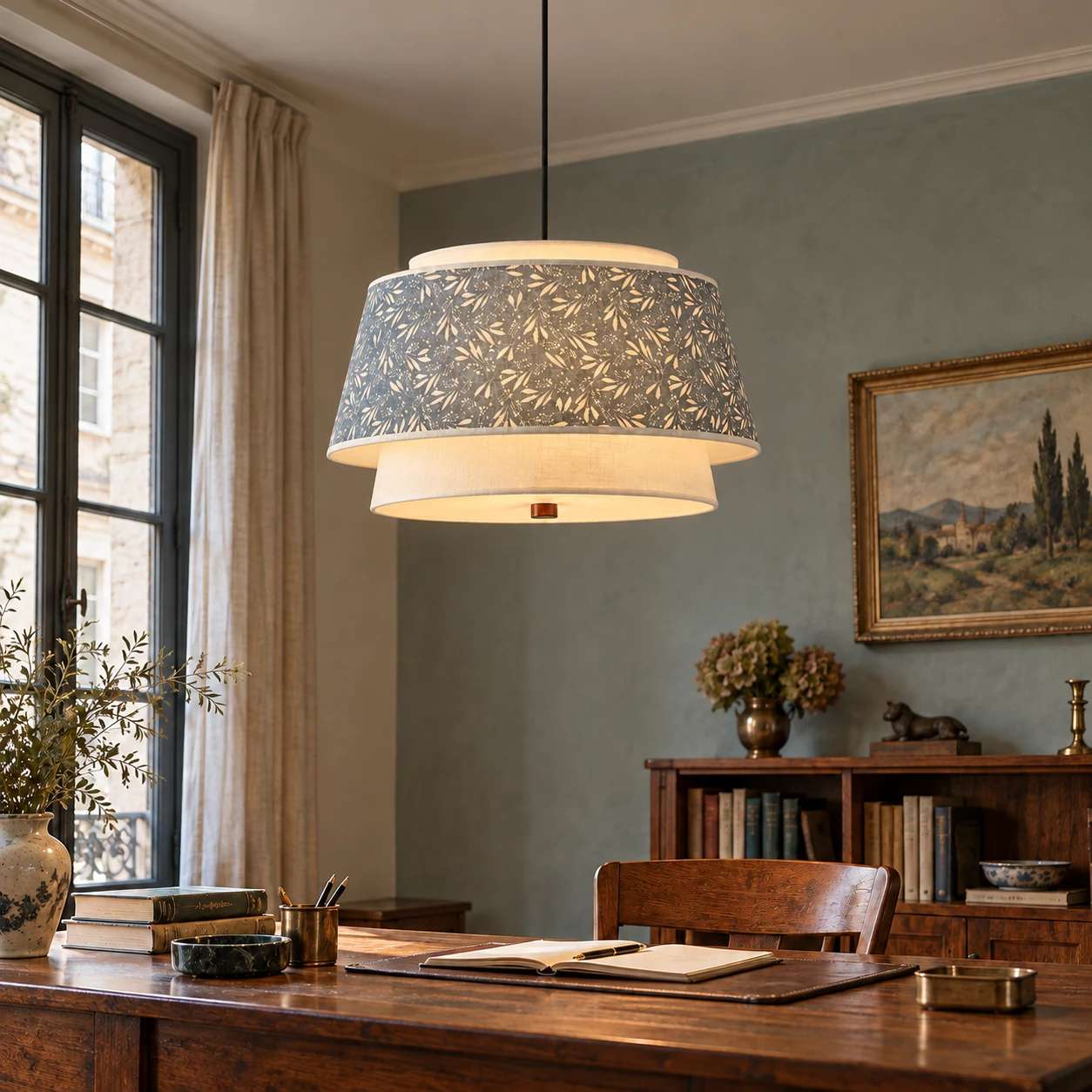 Liora Vintage Double-Tier Fabric and Wood Pendant Light in blue floral in a study