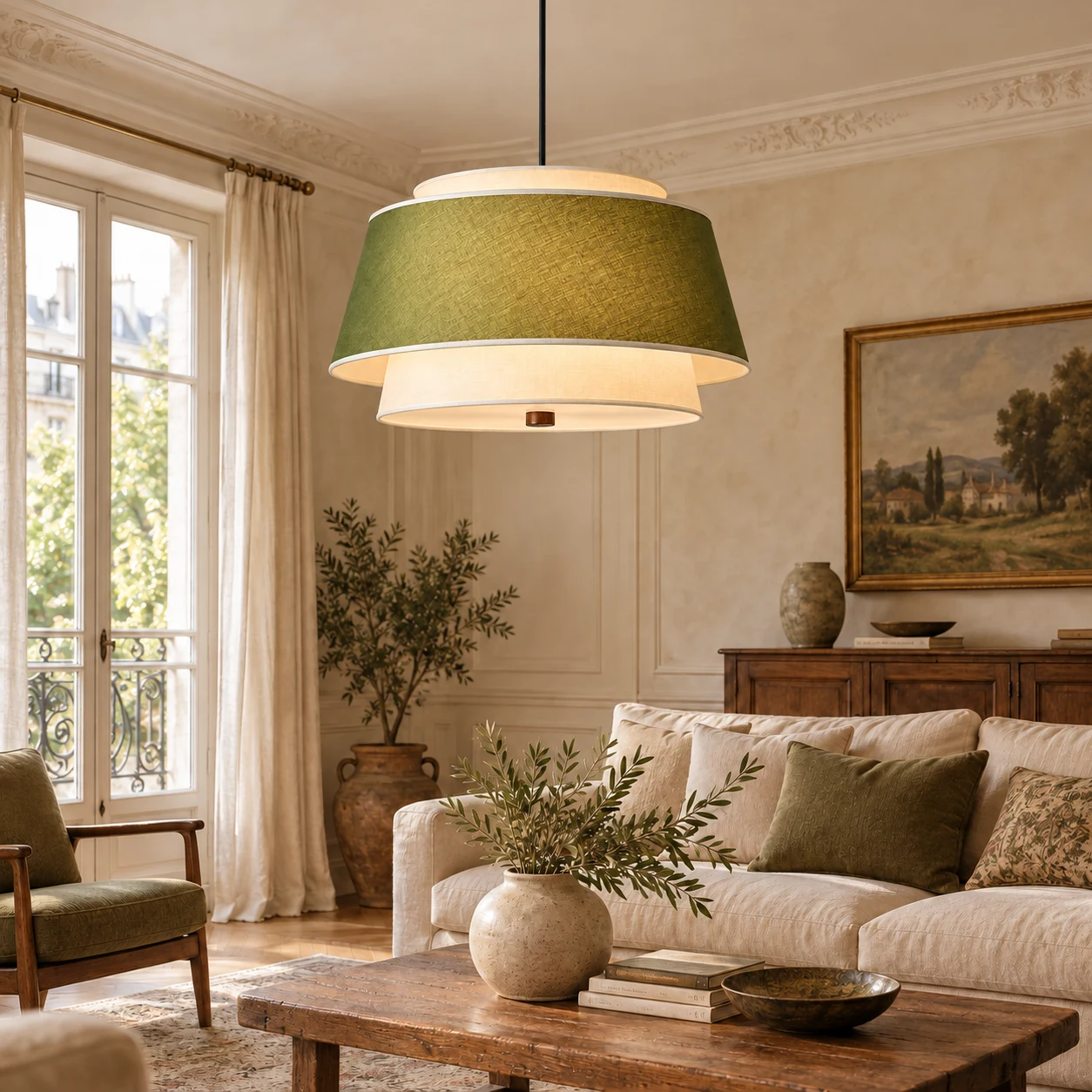 Liora Vintage Double-Tier Fabric and Wood Pendant Light in forest green in a living room
