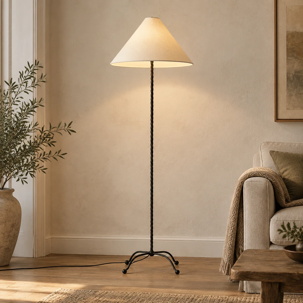 Sage minimalist black floor lamp with ivory fabric shade illuminated against pale plaster