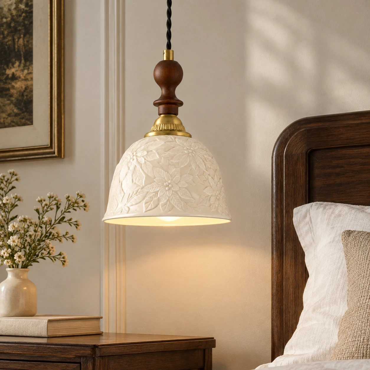 Wushlp Vintage Embossed Ceramic and Solid-Wood Pendant Light beside a bedroom