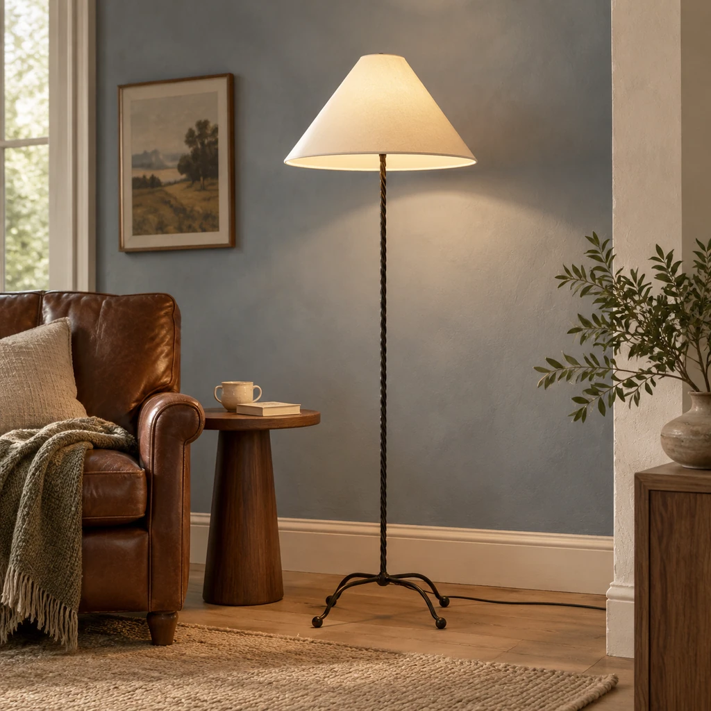 Sage floor lamp in a reading corner