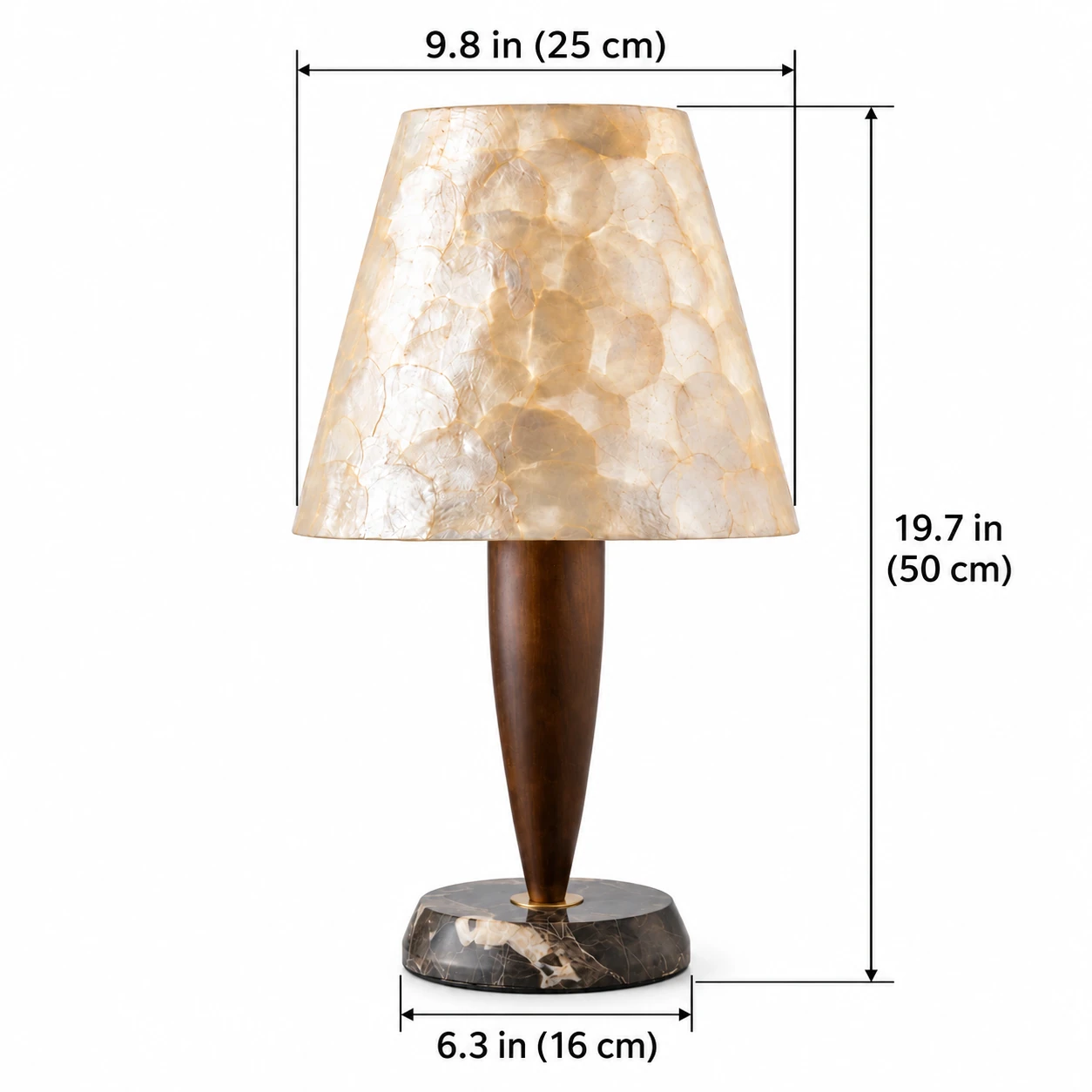 Vintage Textured Shell and Solid-Wood Table Lamp verified dimensions diagram