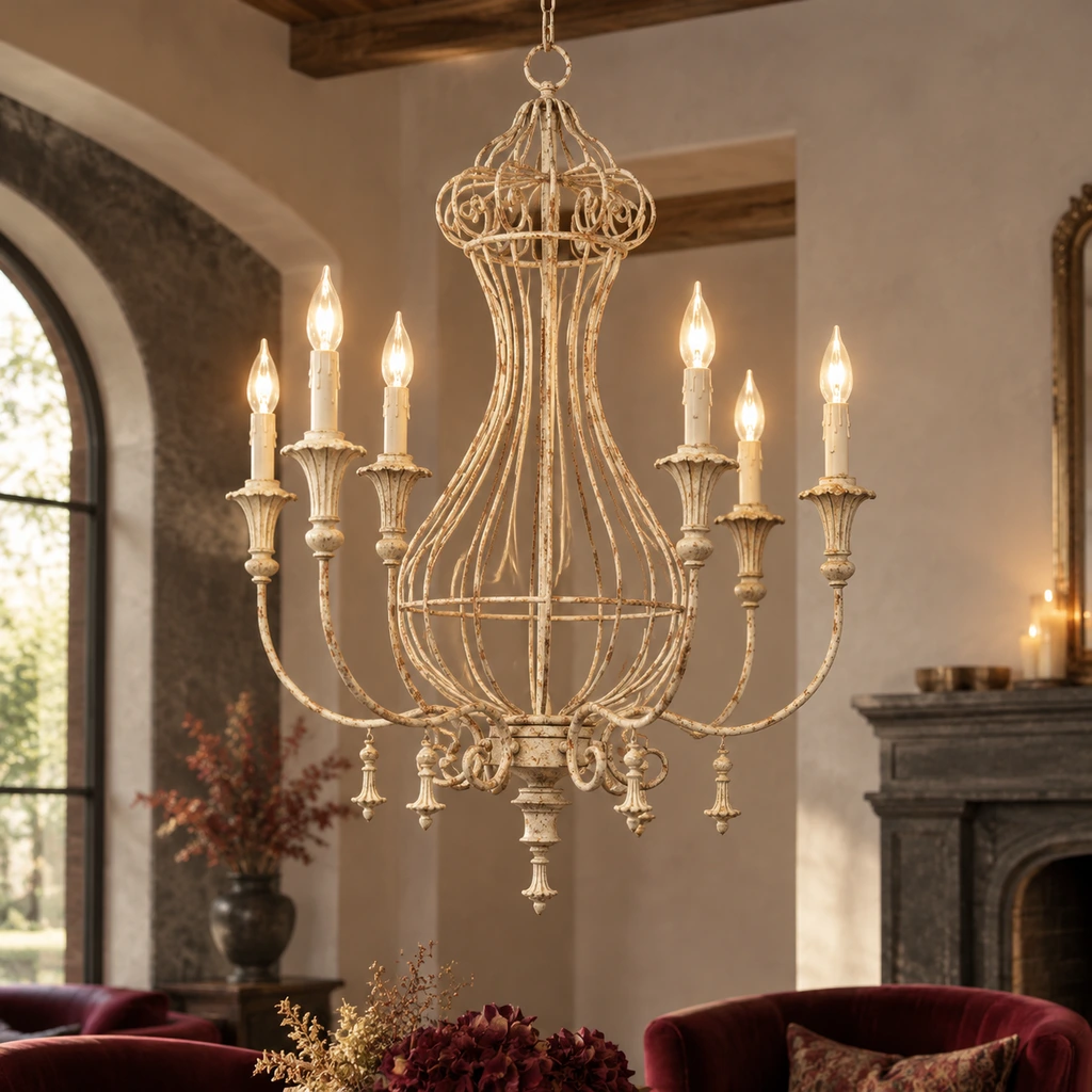 Elowen distressed iron lantern chandelier in a boutique hospitality lounge