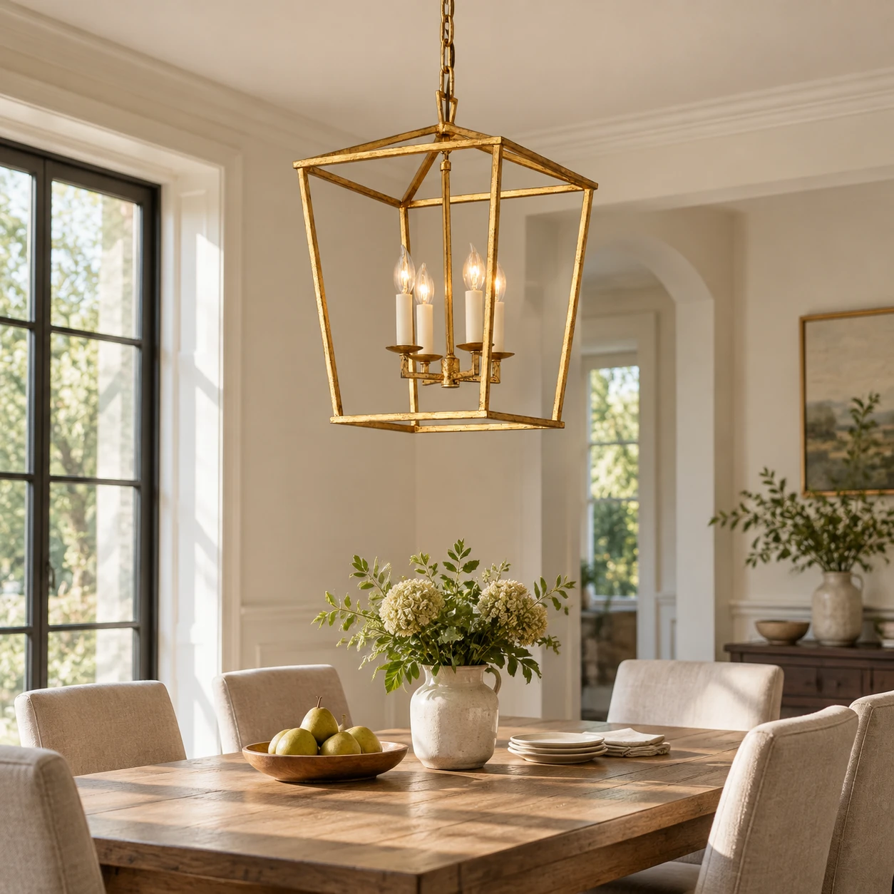 Nora Vintage Caged Iron Chandelier in a residential dining room