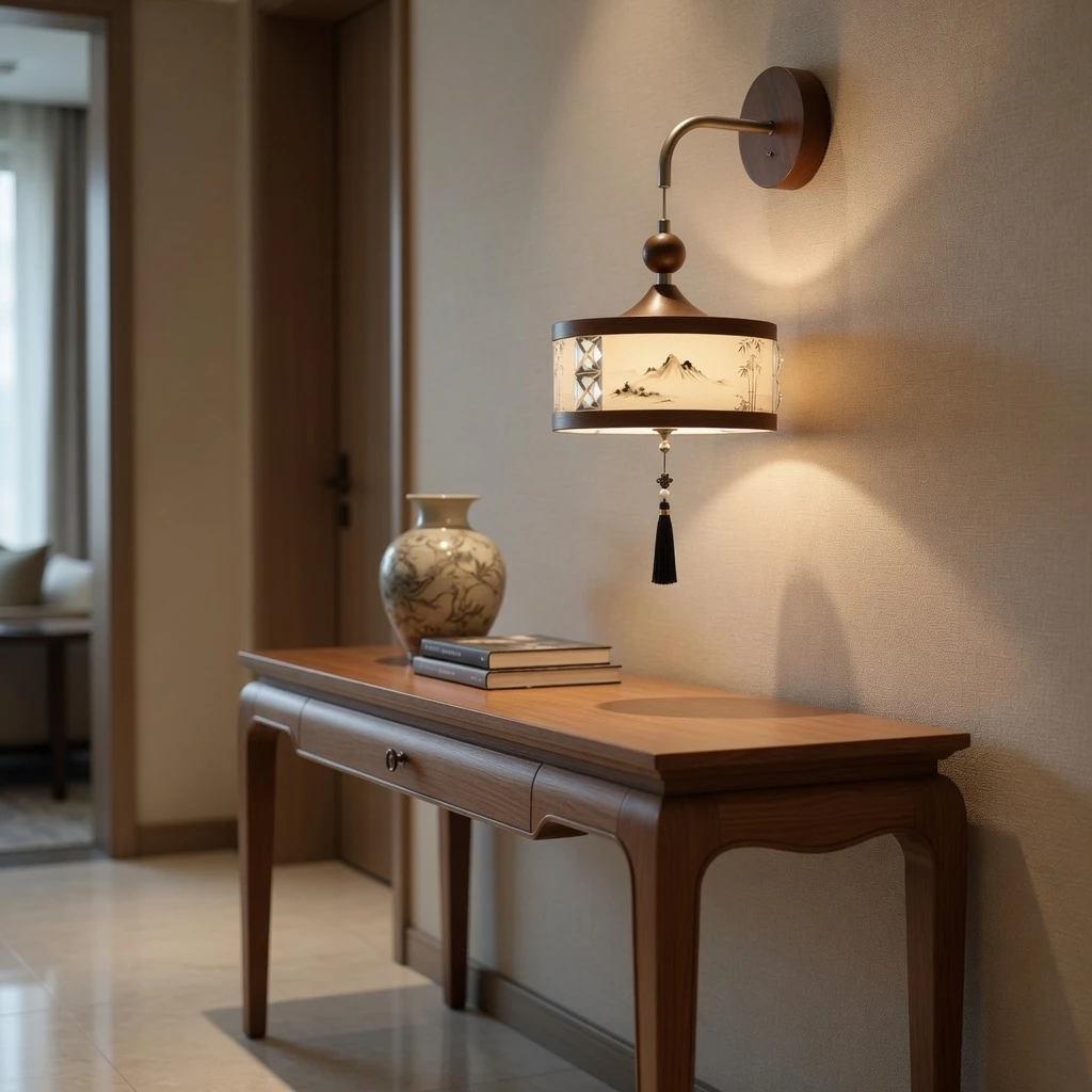 Small wall sconce above an entry console