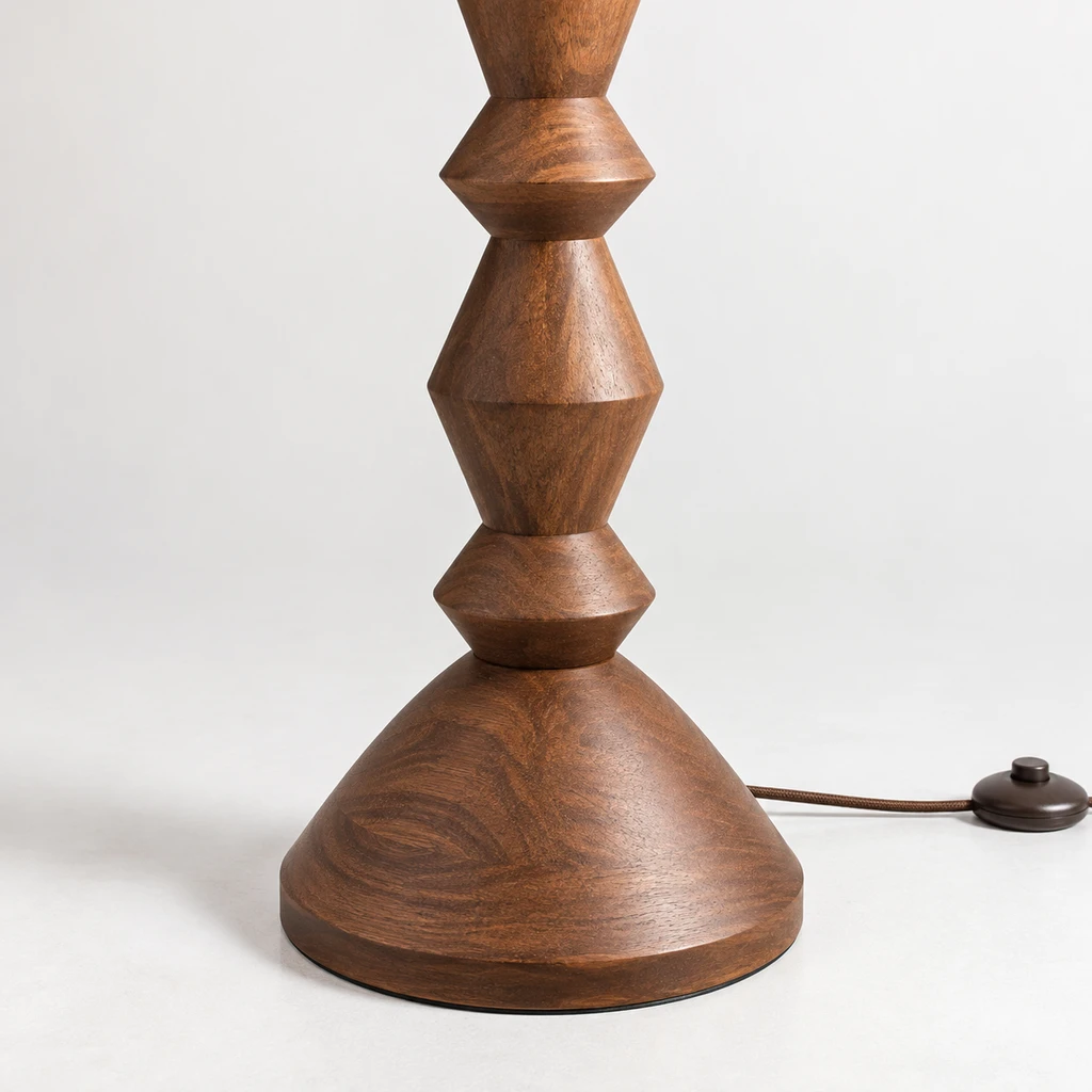 Maya Vintage Carved Wood and Fabric Floor Lamp, Carved Wood, close view of the structural connection