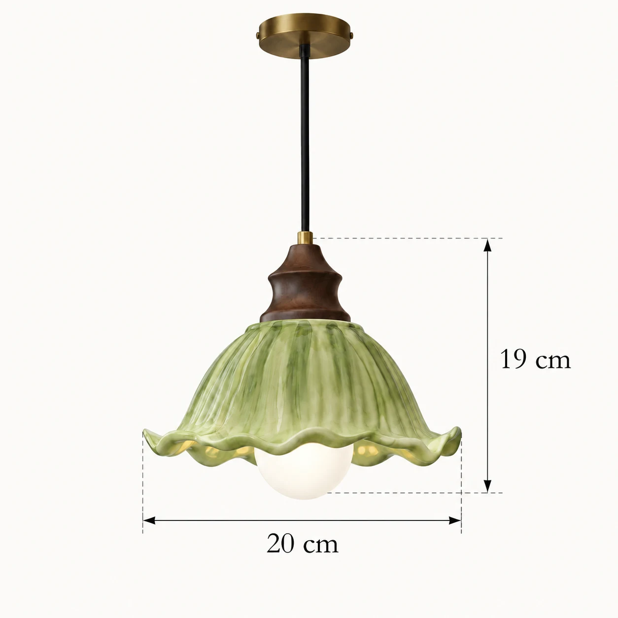 Single shade diameter 20 cm and illustrated fixture height 19 cm
