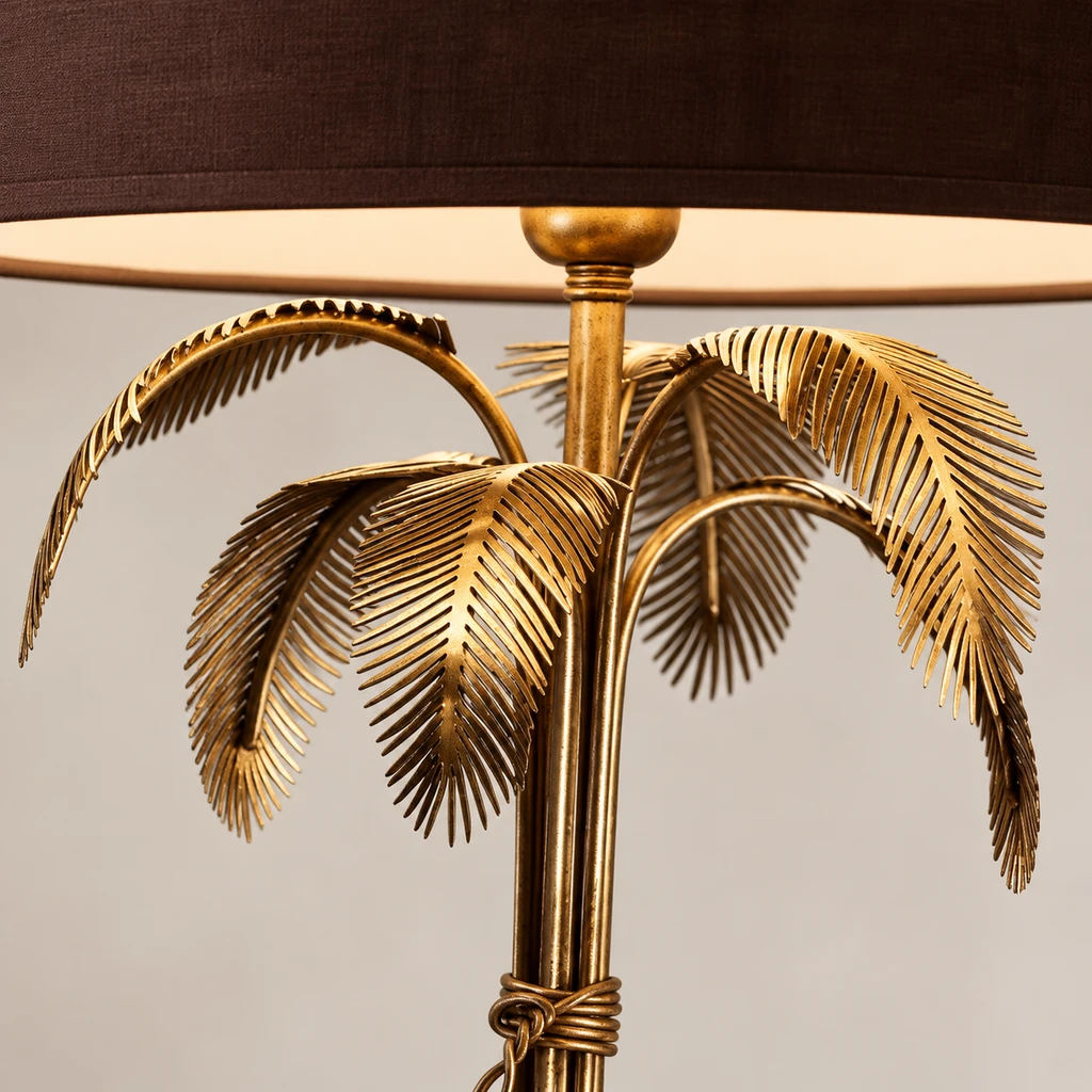 Close detail of the ribbed antique-gold iron palm leaves