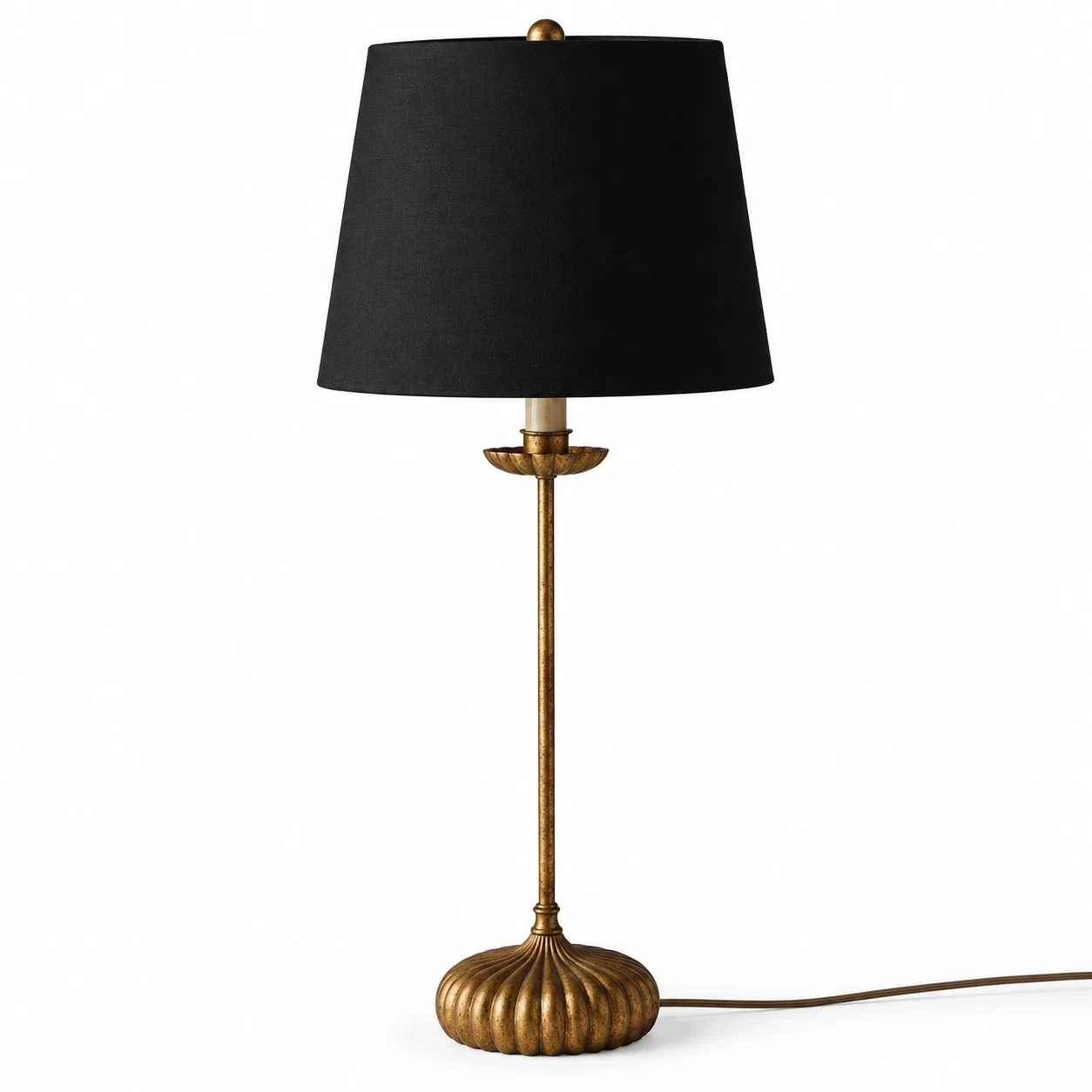 Clove distressed-gold fluted iron table lamp with black fabric shade on white background
