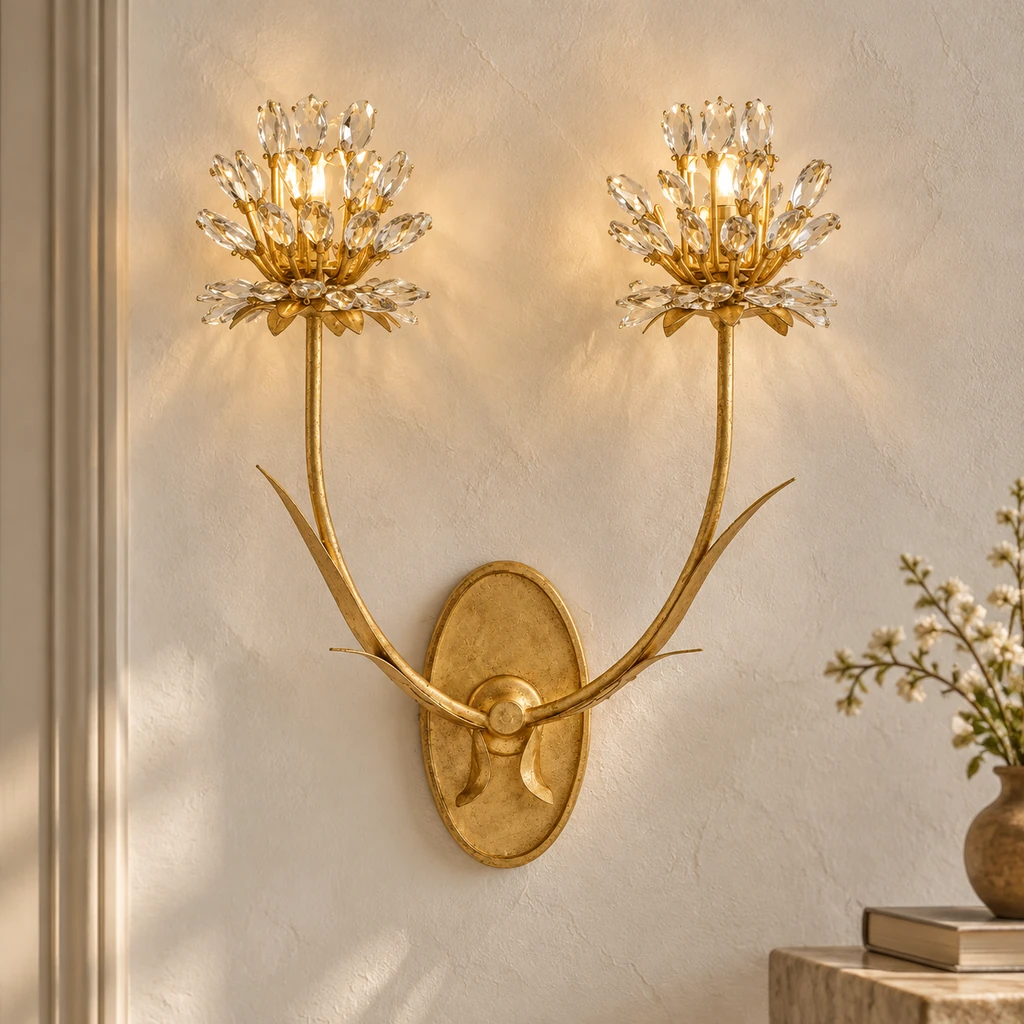 Aria French vintage crystal flower wall light centered on a quiet architectural wall