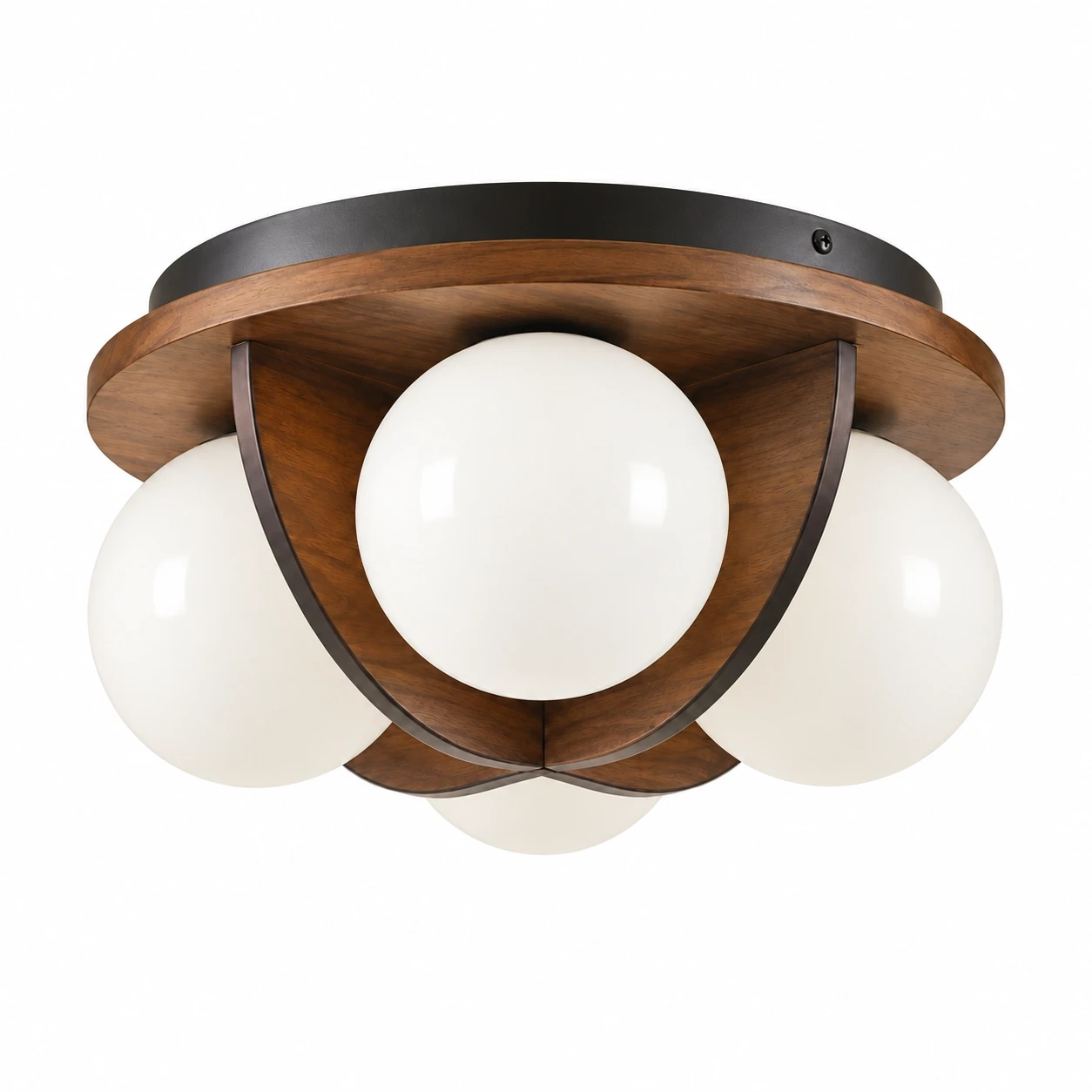 Wushlp Vintage Bean Walnut Wood and Metal Flush Mount Ceiling Light switched off on a white background