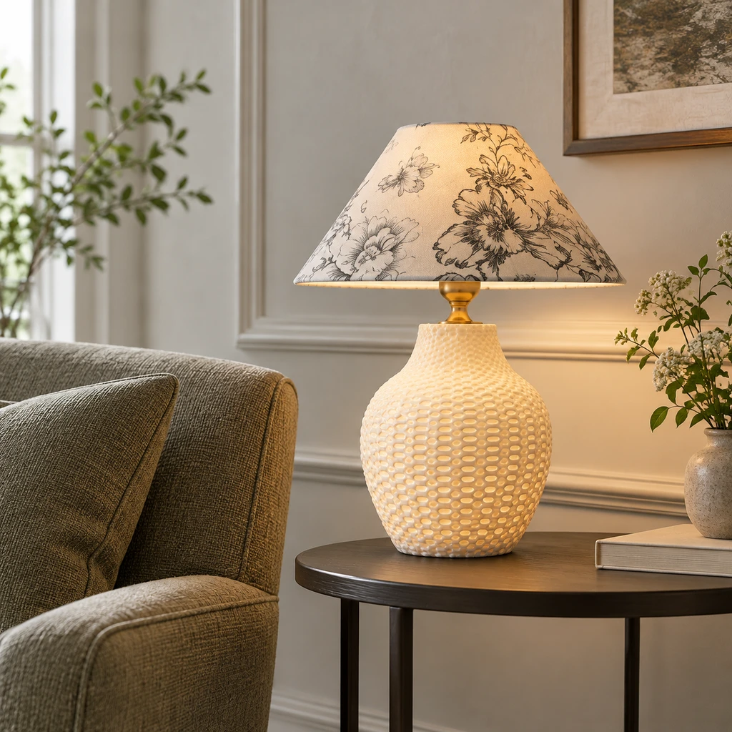 Celeste table lamp beside a moss-grey lounge chair