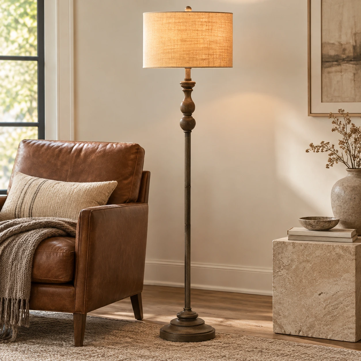 Elara Rustic Turned Wood Iron Floor Lamp — Turned wood floor lamp in a lounge setting
