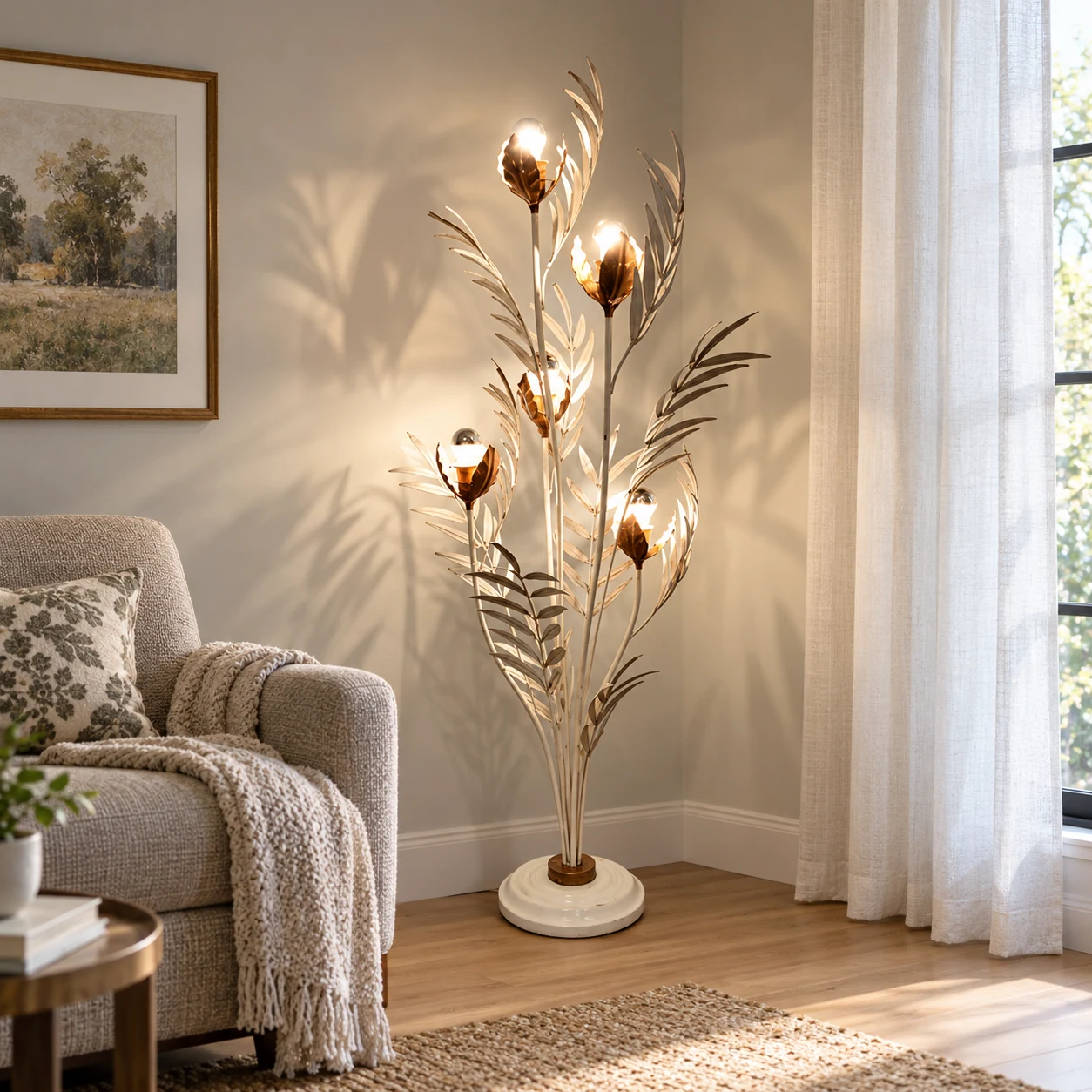 Liora distressed white palm leaf floor lamp in a bright window nook