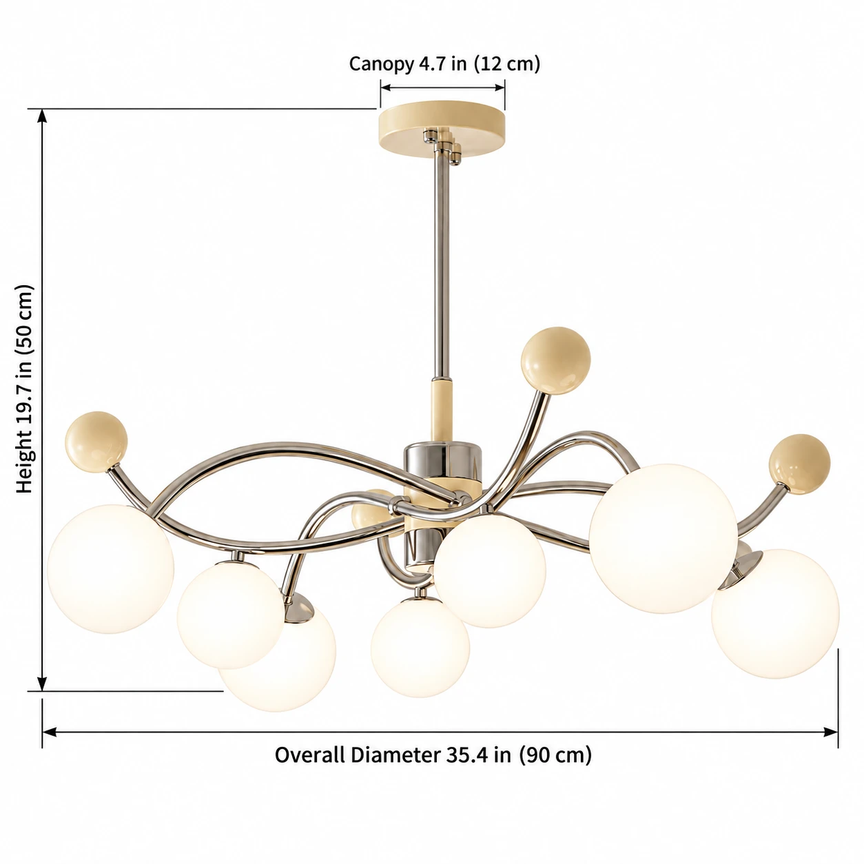 8 Lights dimensions: diameter 35.4 in (90 cm), height 19.7 in (50 cm), canopy 4.7 in (12 cm)