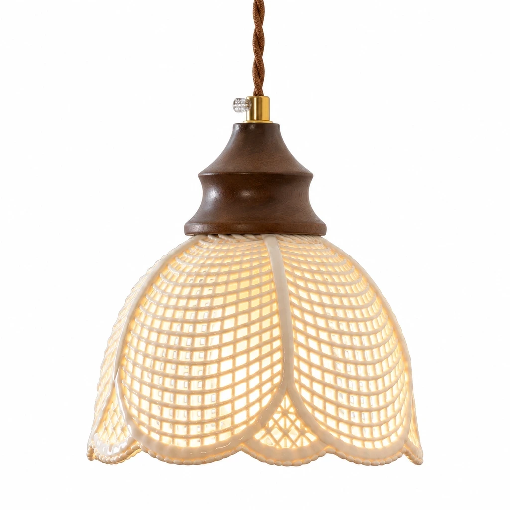 Close detail of Lina Vintage Floral Ceramic Wood Pendant Light material and form