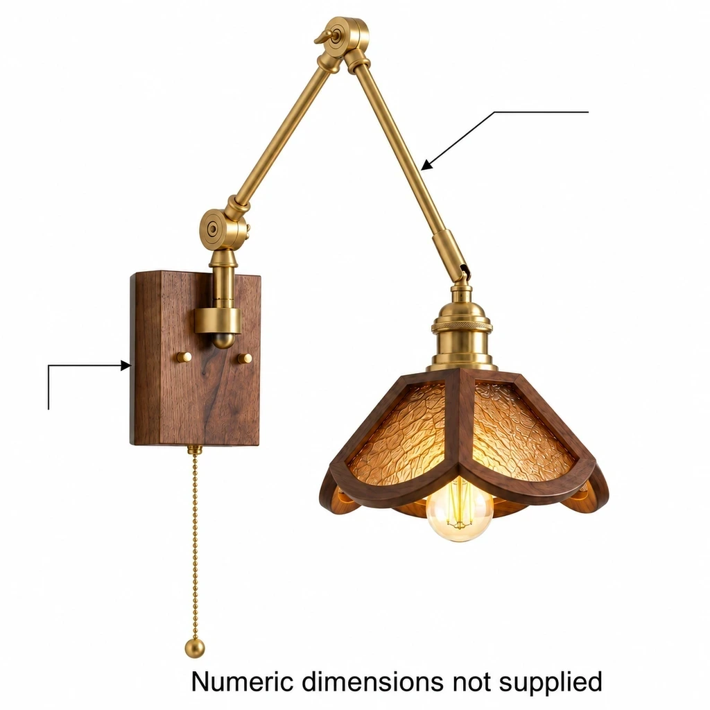 Wushlp Vintage Adjustable Ash-Wood and Copper Wall Light specification graphic