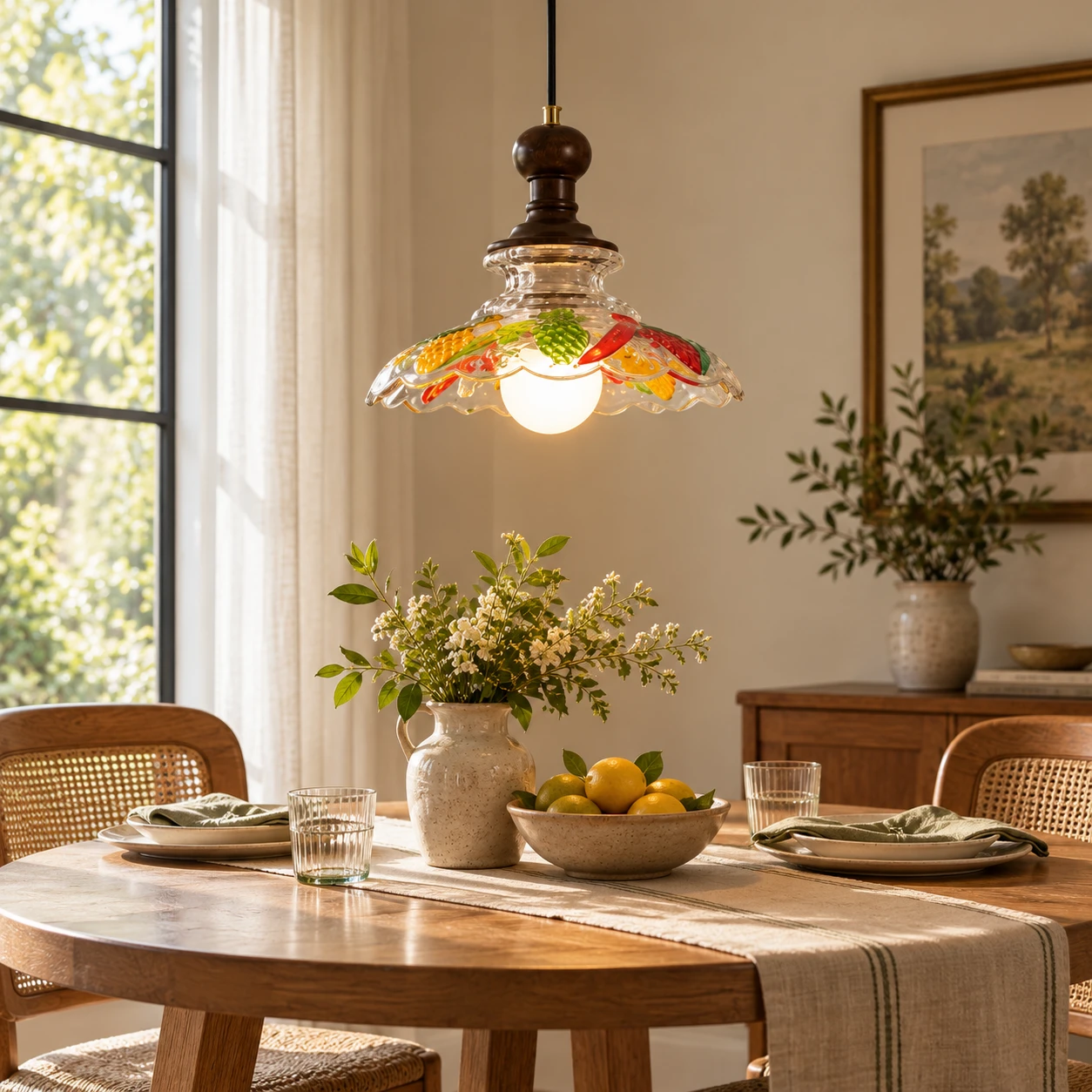 Painted glass pendant light above a dining table