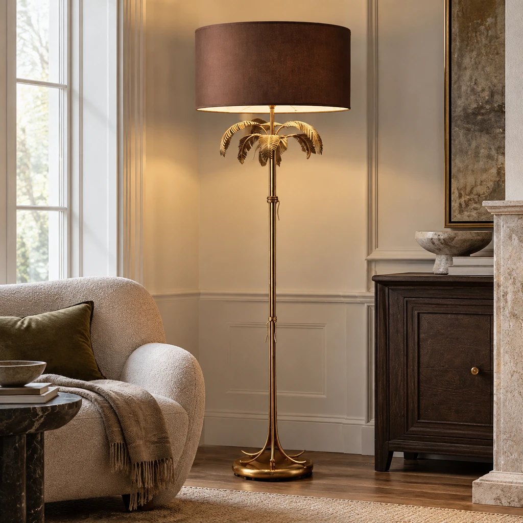 Marina antique-gold palm-leaf floor lamp in an bright traditional interior