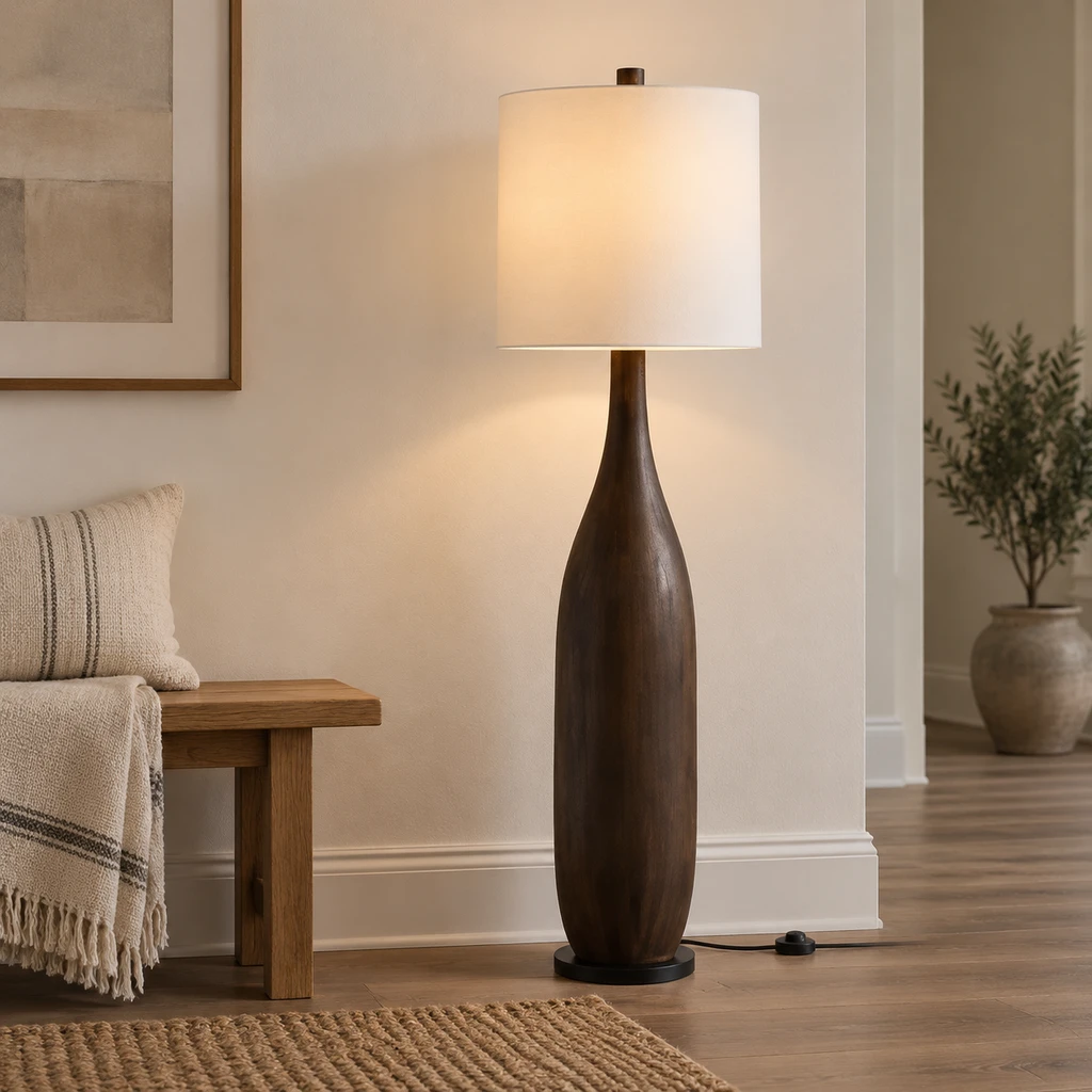 Amelia American Rustic Turned Wood and Fabric Floor Lamp, Dark Coffee - 45 cm wide x 160 cm high, medium-near entry setting