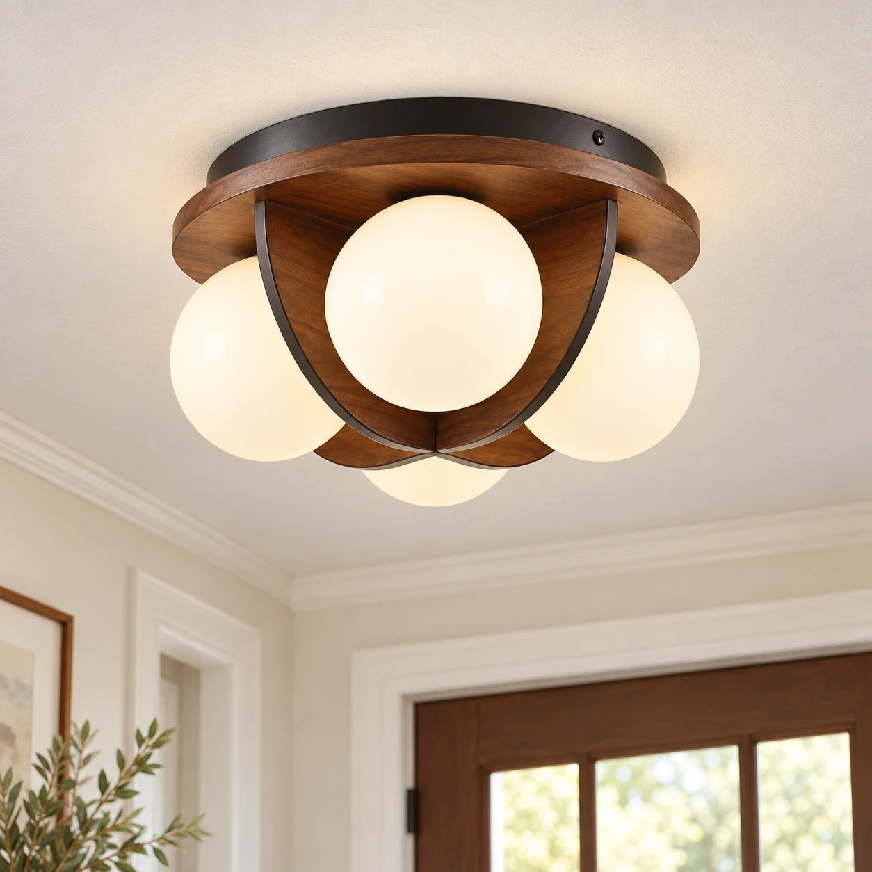 Wushlp Vintage Bean Walnut Wood and Metal Flush Mount Ceiling Light in a bright entryway