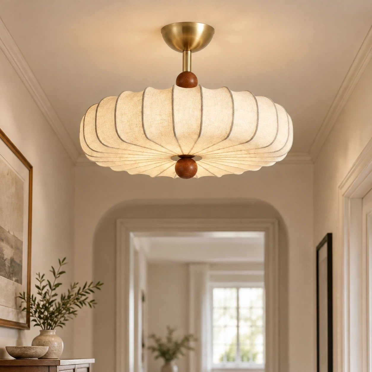 Wushlp Vintage Premium Fabric and Metal Flush Mount Ceiling Light in a refined boutique hallway