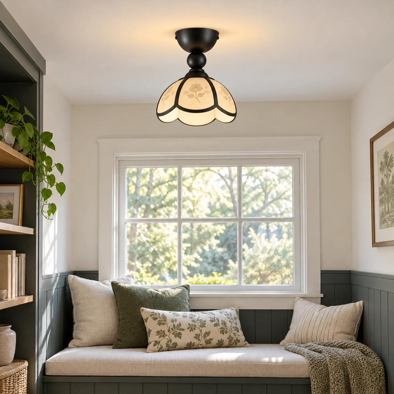 Vintage petal acrylic flush mount ceiling light in a reading nook