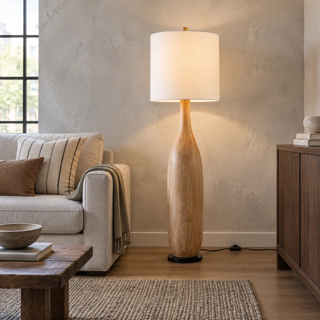 Amelia American Rustic Turned Wood and Fabric Floor Lamp, Natural Wood - 45 cm wide x 160 cm high, medium-near studio setting