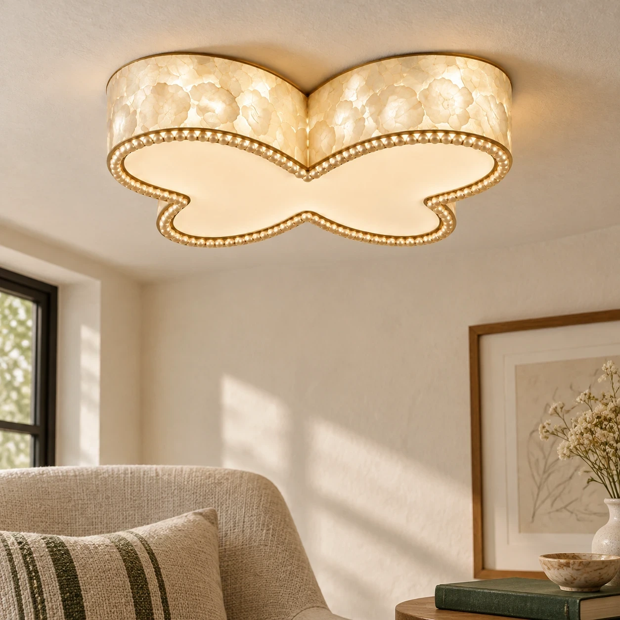 Wushlp Vintage Butterfly Shell Flush Mount Ceiling Light above a compact reading corner