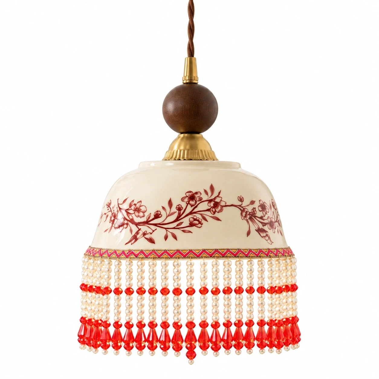 Vintage fringed ceramic pendant light on a clean white background