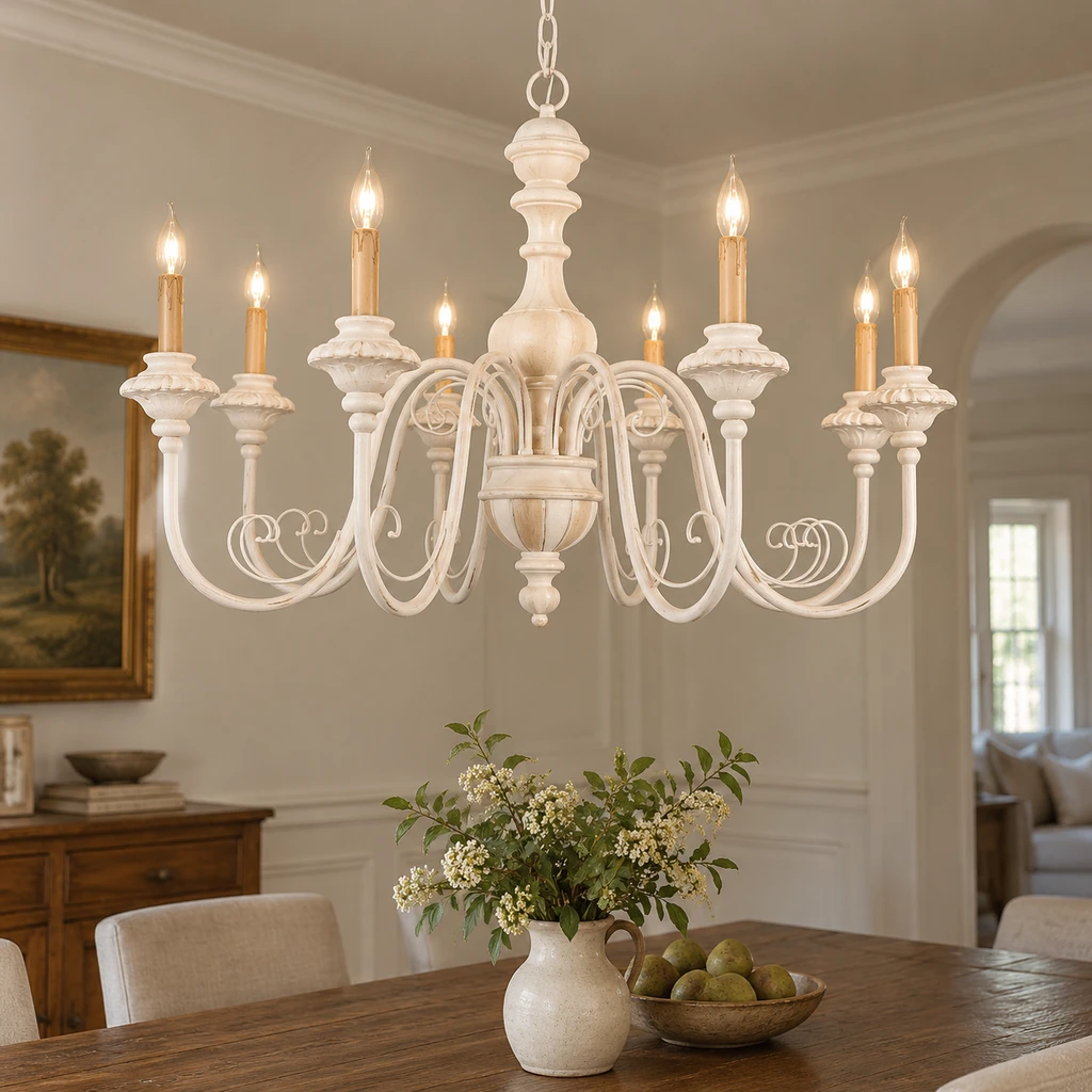 Elise American Vintage Carved Wood Chandelier, Soft White Wood, core product view in a restrained interior