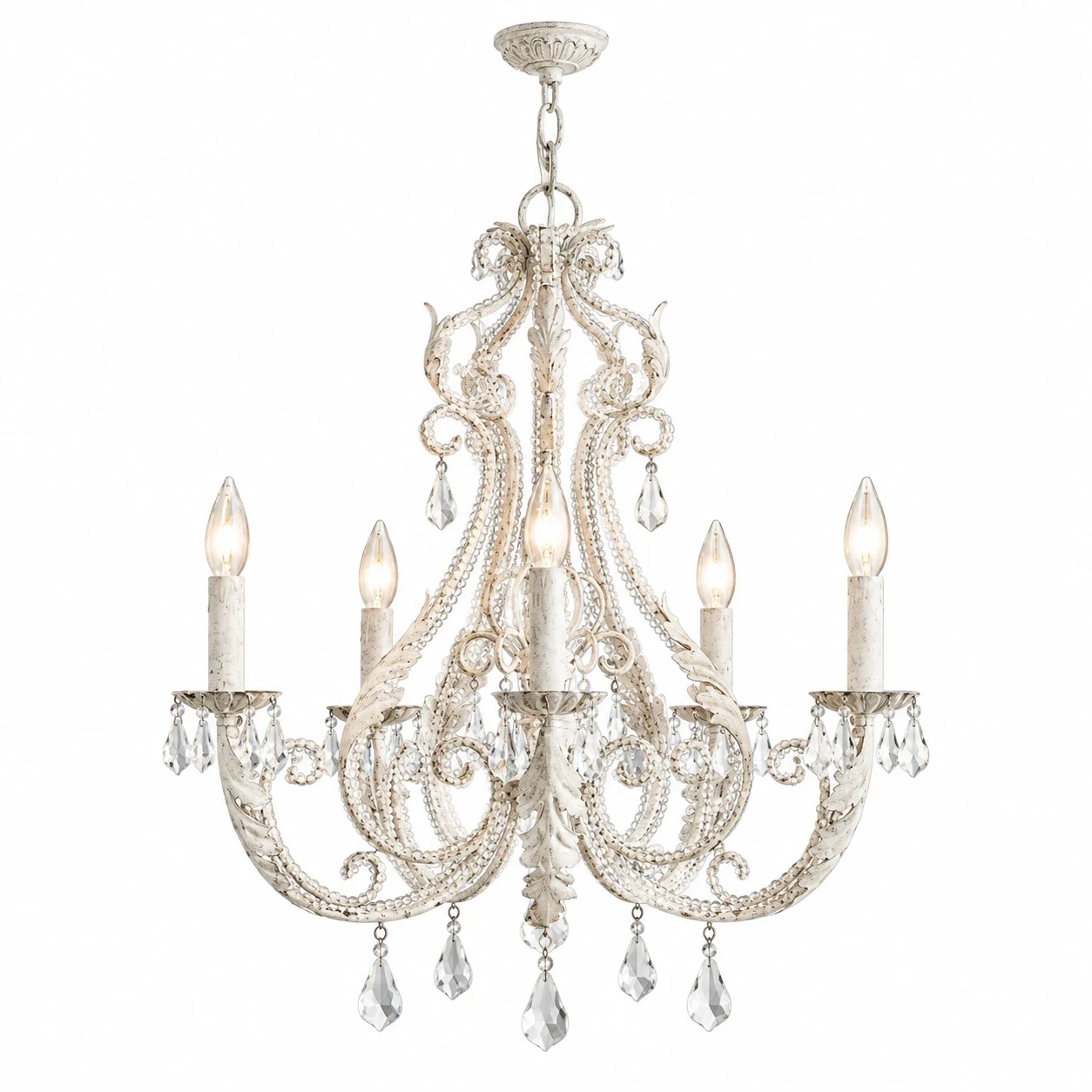 Camille 5-light white French crystal iron chandelier on white background