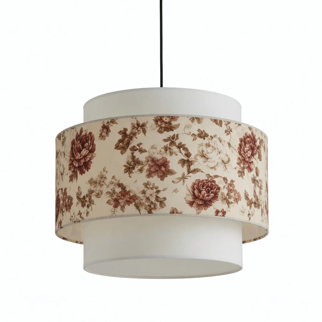 Mina Chinese Vintage Printed Iron Wood Fabric Pendant Light on a white background