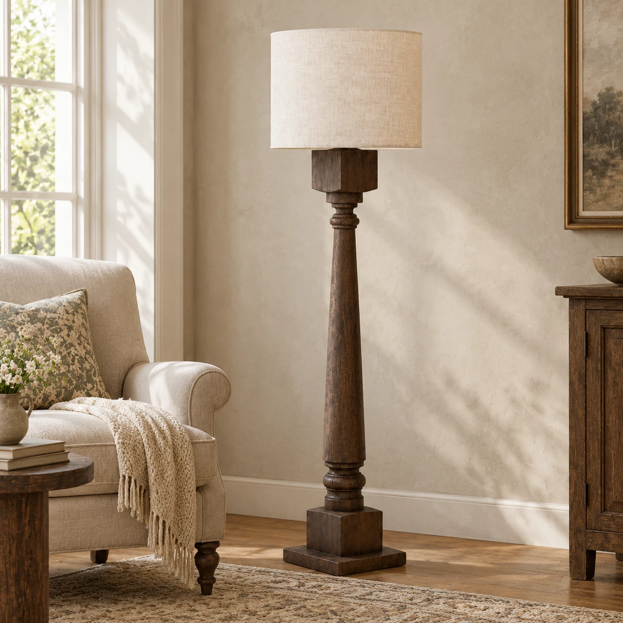Dark Wood carved wood floor lamp in reading corner
