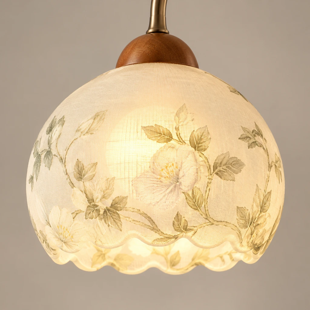 Close detail of a floral fabric globe shade